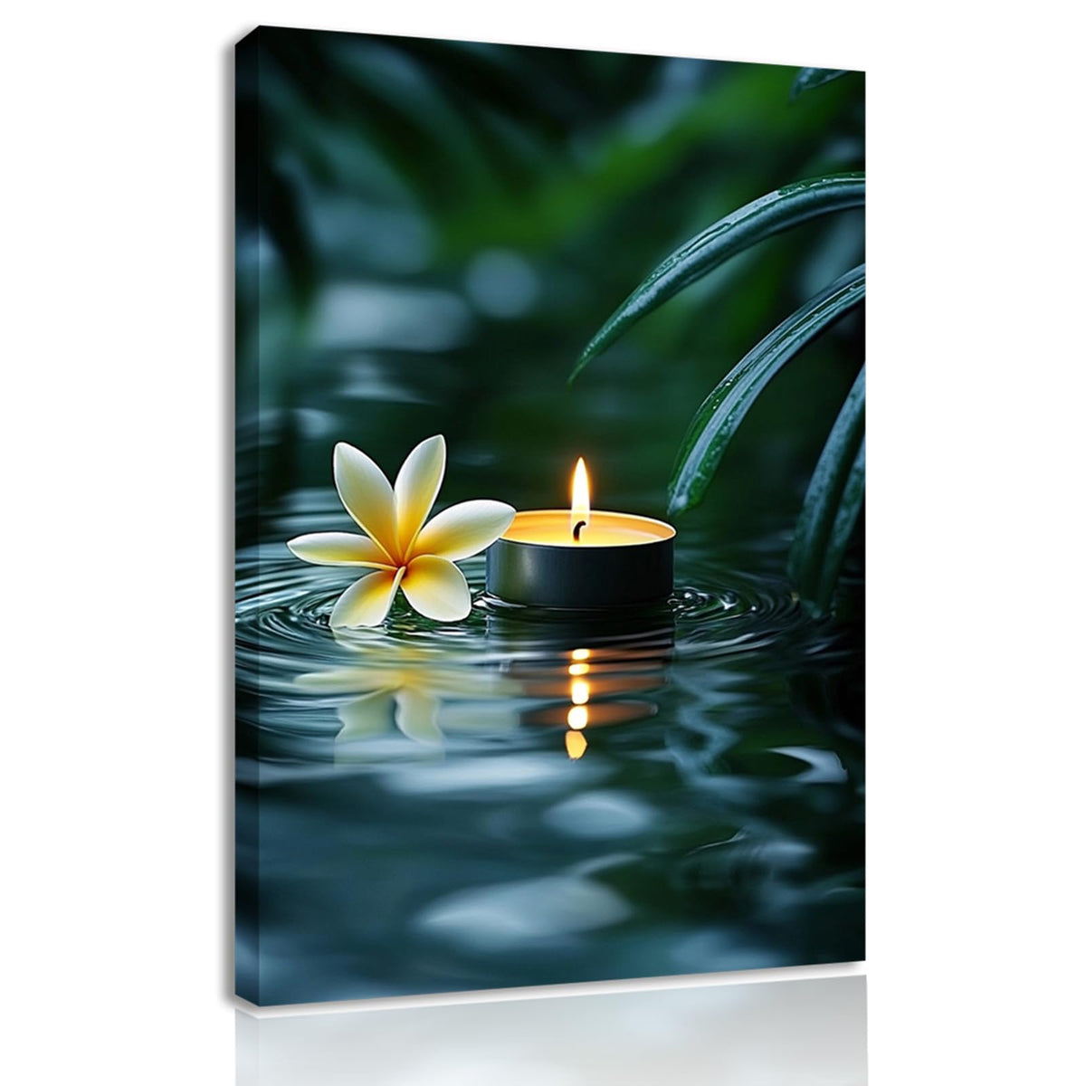 Zen Canvas Wall Art Plumeria Flower and Candle in Water Print Framed Artwork Poster for Spa Bathroom Decor (WE000051-6 / 18"L x 12"W)