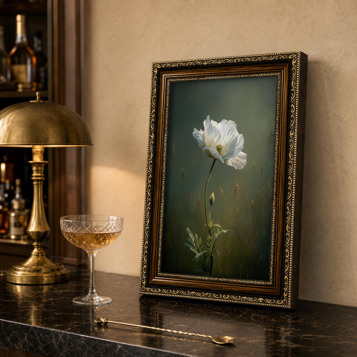 Vintage Poppy Flower Framed Wall Art White Floral Wall Decor (White poppy / 16"L x 12"W)