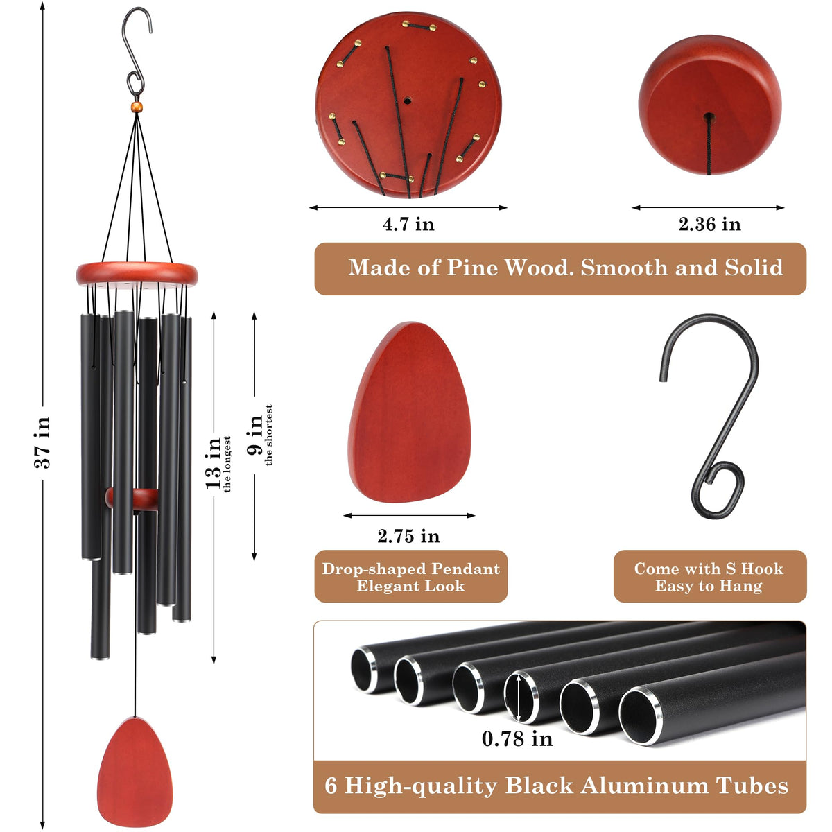 Large Aluminium Wind Chimes Soothing Melodic Classic Black Wind Chime 37" to Create a Zen Atmosphere. Sympathy (Classic 37'')
