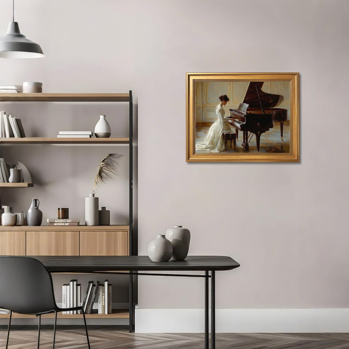 Vintage Victorian Serenade Oil Painting Wall Art Romantic Woman Playing Piano Canvas Prints Elegant Victorian Era Female Poster Classical Music Artwork for Bedroom Living Room 16x24inch Golden frame (16"L x 24"W / Style-3 Vintage Golden Frame)