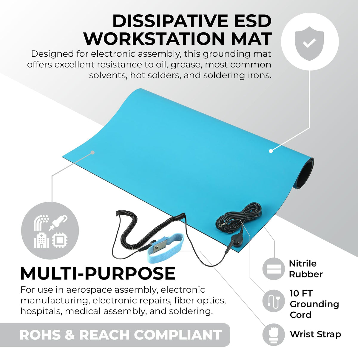 MWRF ESD Mat ESD Mat Kit with Wrist Strap and Grounding Cord (18 Inches x 30 Inches / Blue)