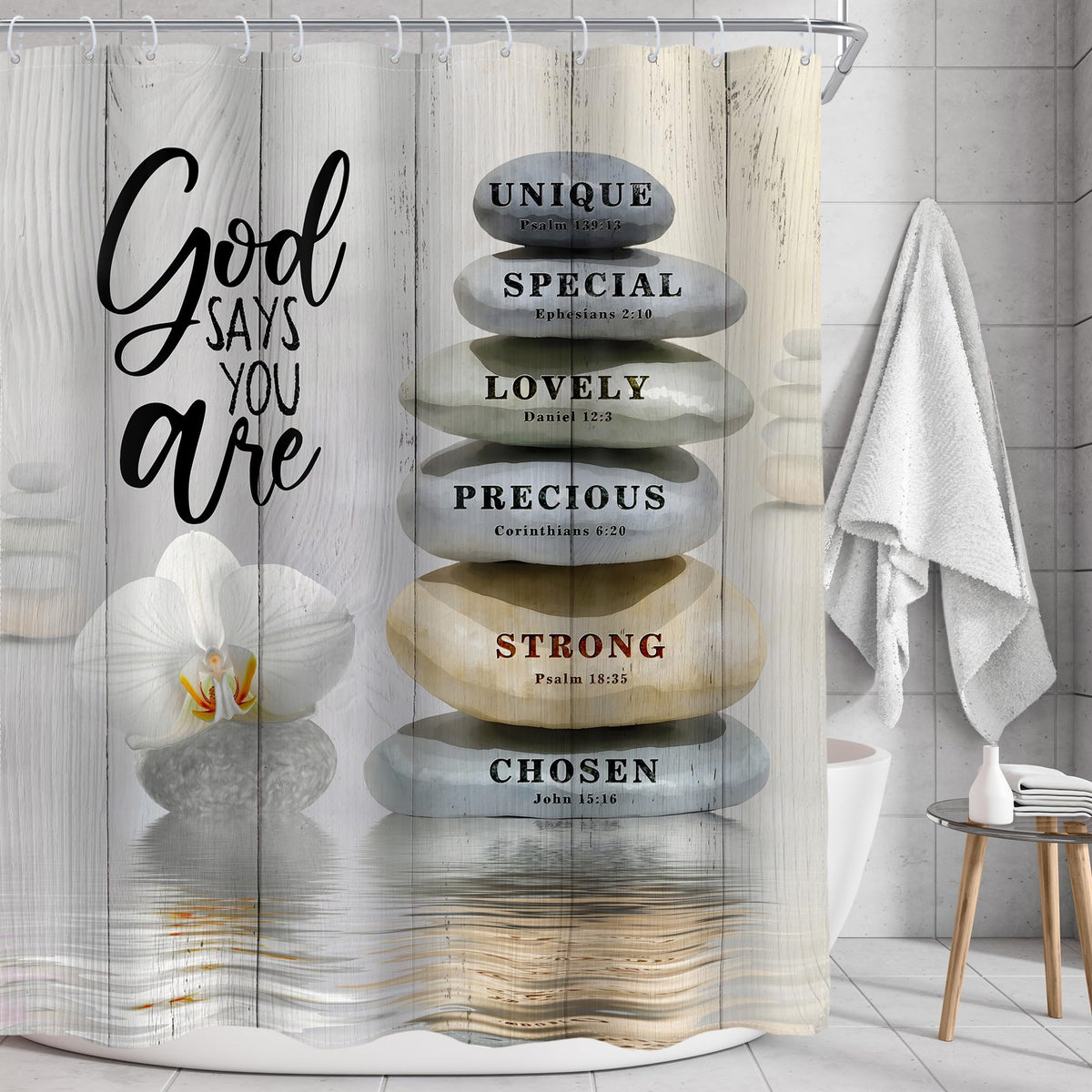 Bible Verse Scripture Christian Shower Curtain Zen Stone Spa 60Wx72L Inch (A-beige / 60"W x 72"L (Pack of 1))
