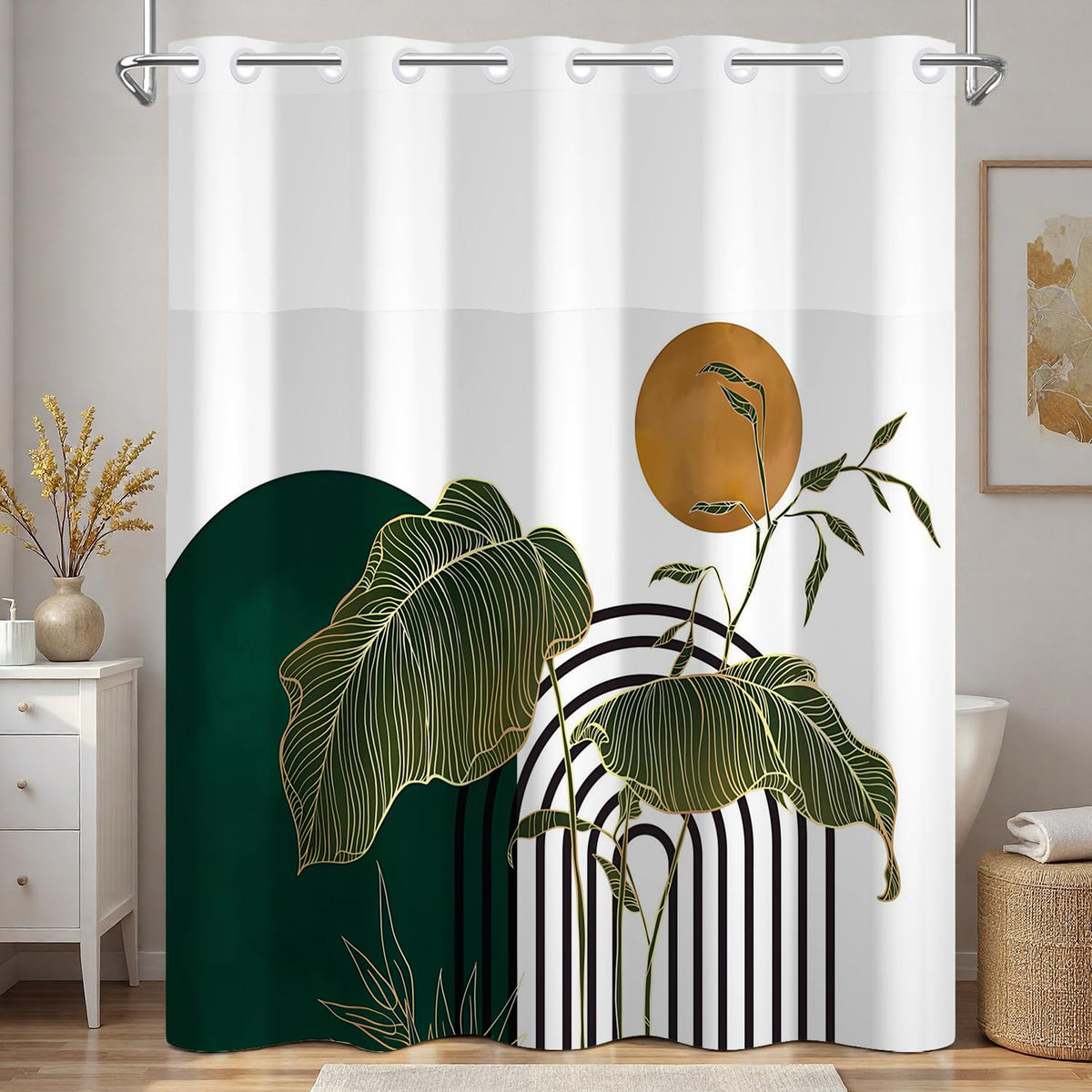 Abstract Monstera Leaf Print Shower Curtain No Hooks with Liner (Boho Art)