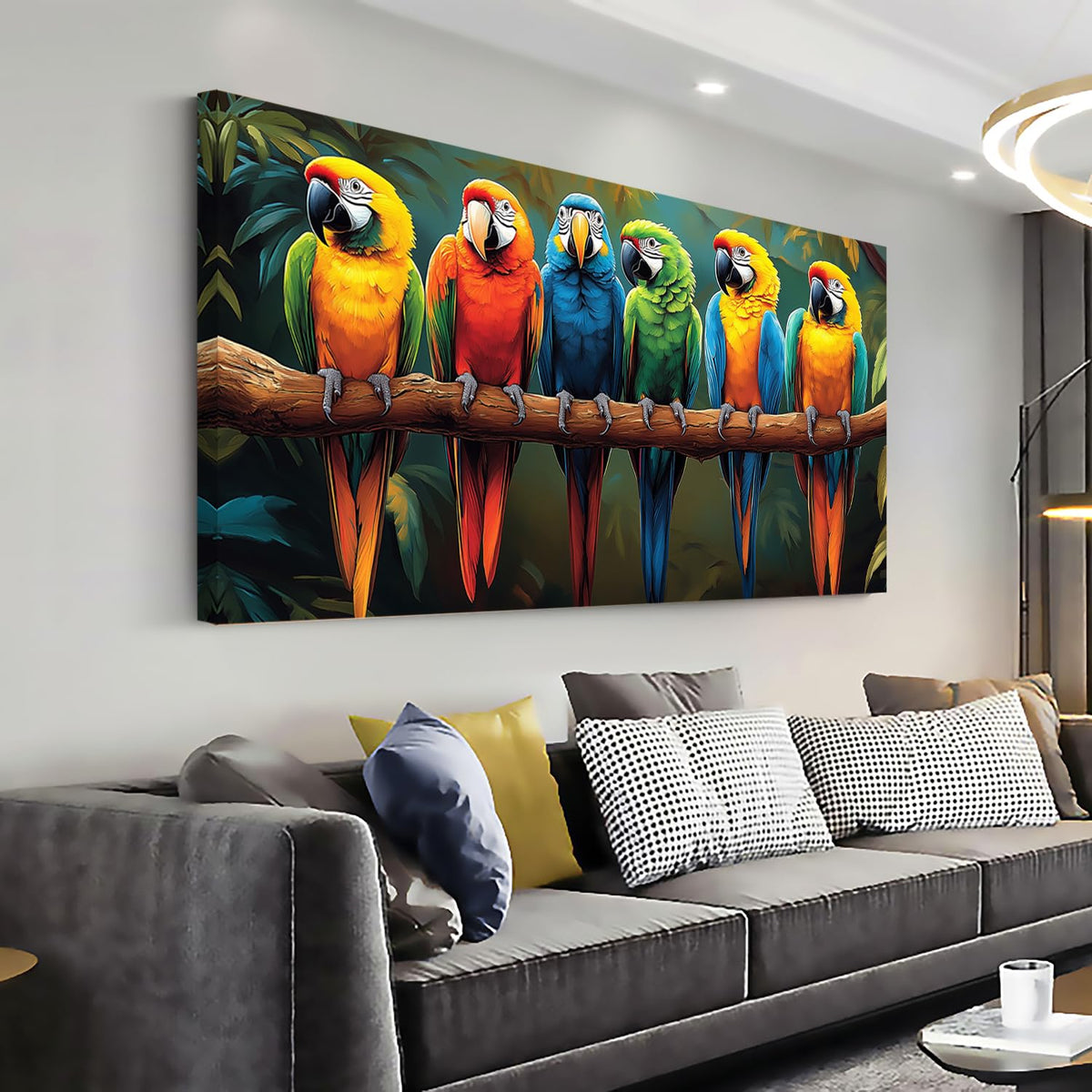 Vibrant Multicolor Parrots Wall Art for Living Room Office Realistic Tropical Jungle Wildlife Nature Painting Prints Contemporary Canvas Artwork Dining Bedroom Decor (Contemporary / Vibrant Multicolor Parrots Wall Art / 40"L x 20"W)