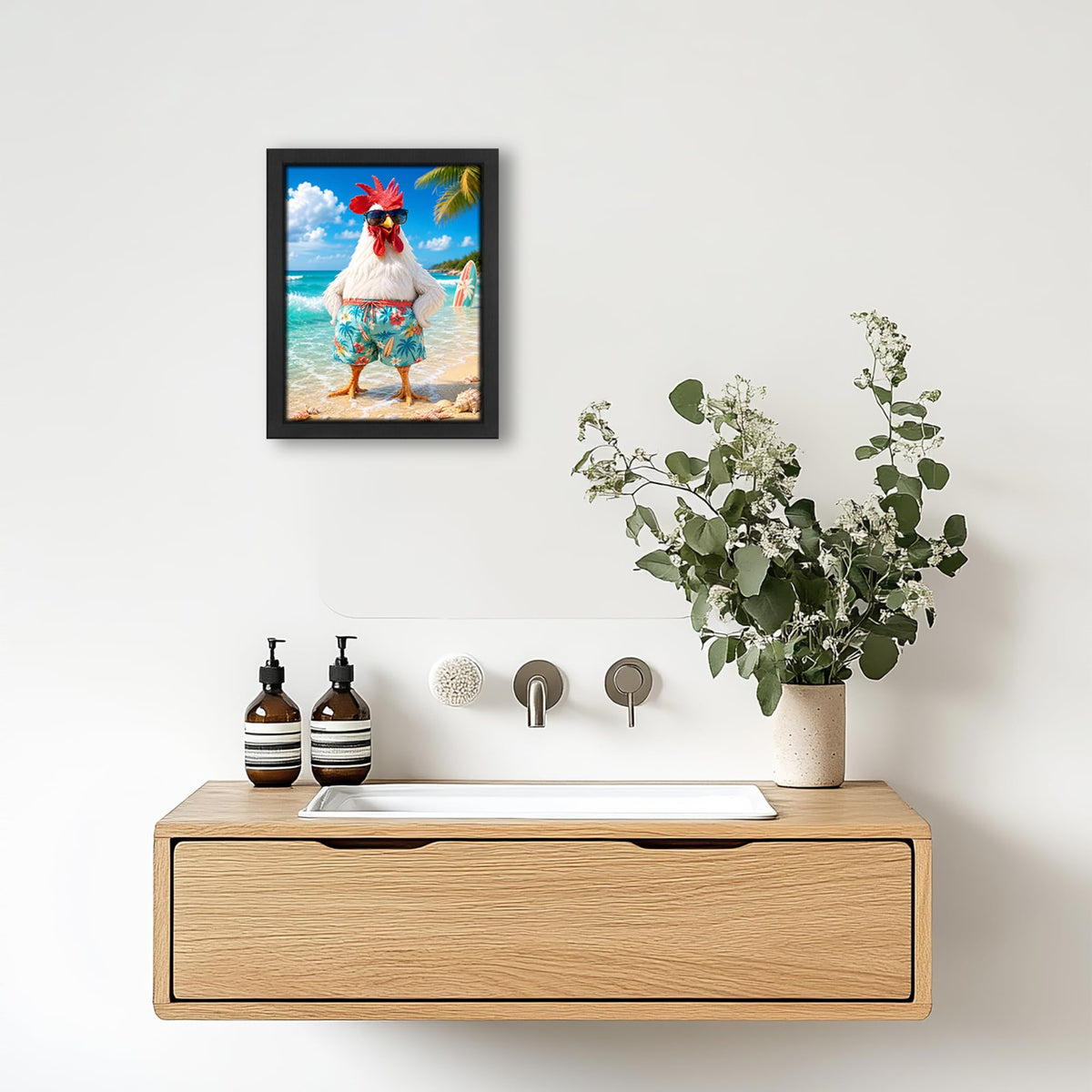 Funny Beach Rooster Decor Wall Art (Wall Art Framed 42 / 10"L x 8"W)