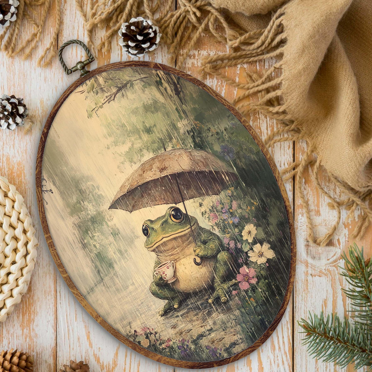Vintage Rustic Frog Floral Oval Wall Art Decor (frog-3)