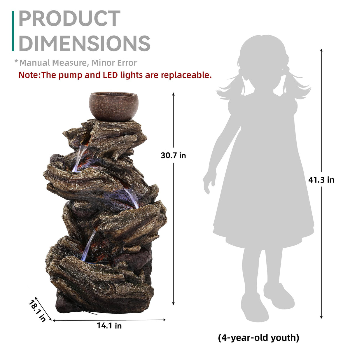 33" Outdoor Fountain Tree Trunk Waterfall Pump & Light Separate Control (33"h Natural Distressed Tree Trunk)