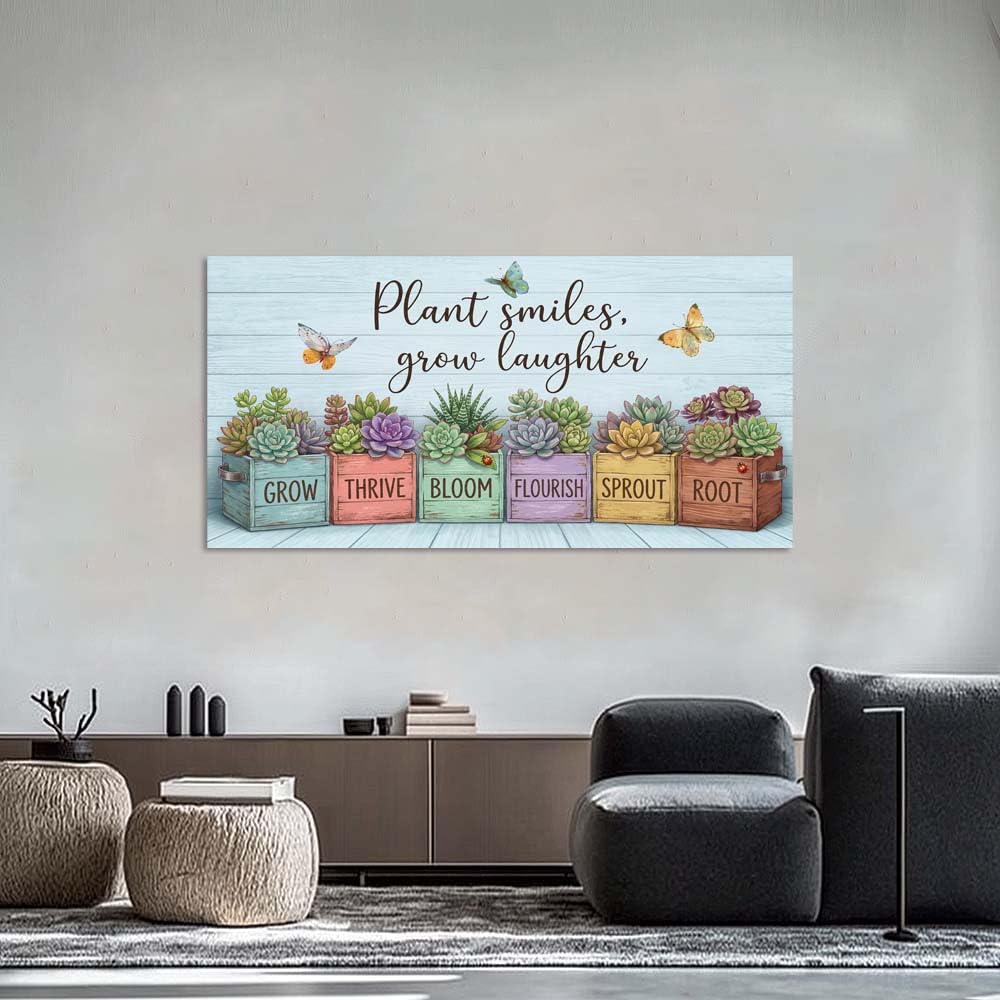 Rustic Succulent Canvas Wall Art Colorful Faux Wood Planter Box Painting Flat Print Gallery Wrapped Botanical Artwork for Living Room Bedroom Bathroom Decor (Bohemian / Yellow Succulent Garden 14 / 46"L x 23"W)