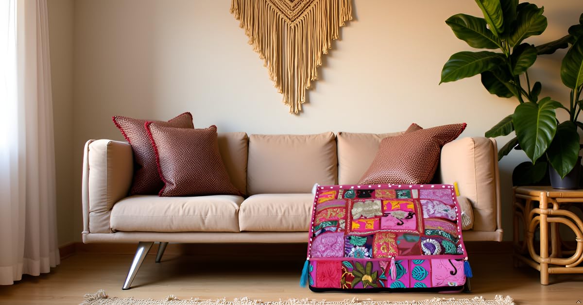 Indian Square Patchwork Traditional Pouf Cover Indian Living Room Poufs Decorative Embroidered Designer Ottoman Home Living Footstool Chair Cover Decor Pillow Cover 16x16x5 inches (16"D x 16"W x 5"H / Pink)