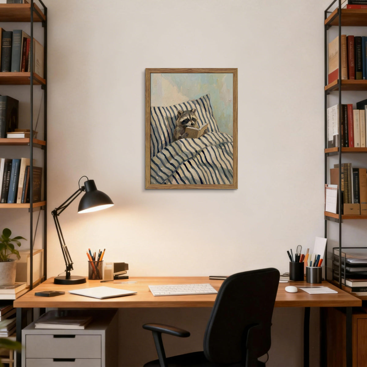 Funny Raccoon Reading Wall Art (Raccoon Lies In Bed Reading A Book / 24"L x 16"W)