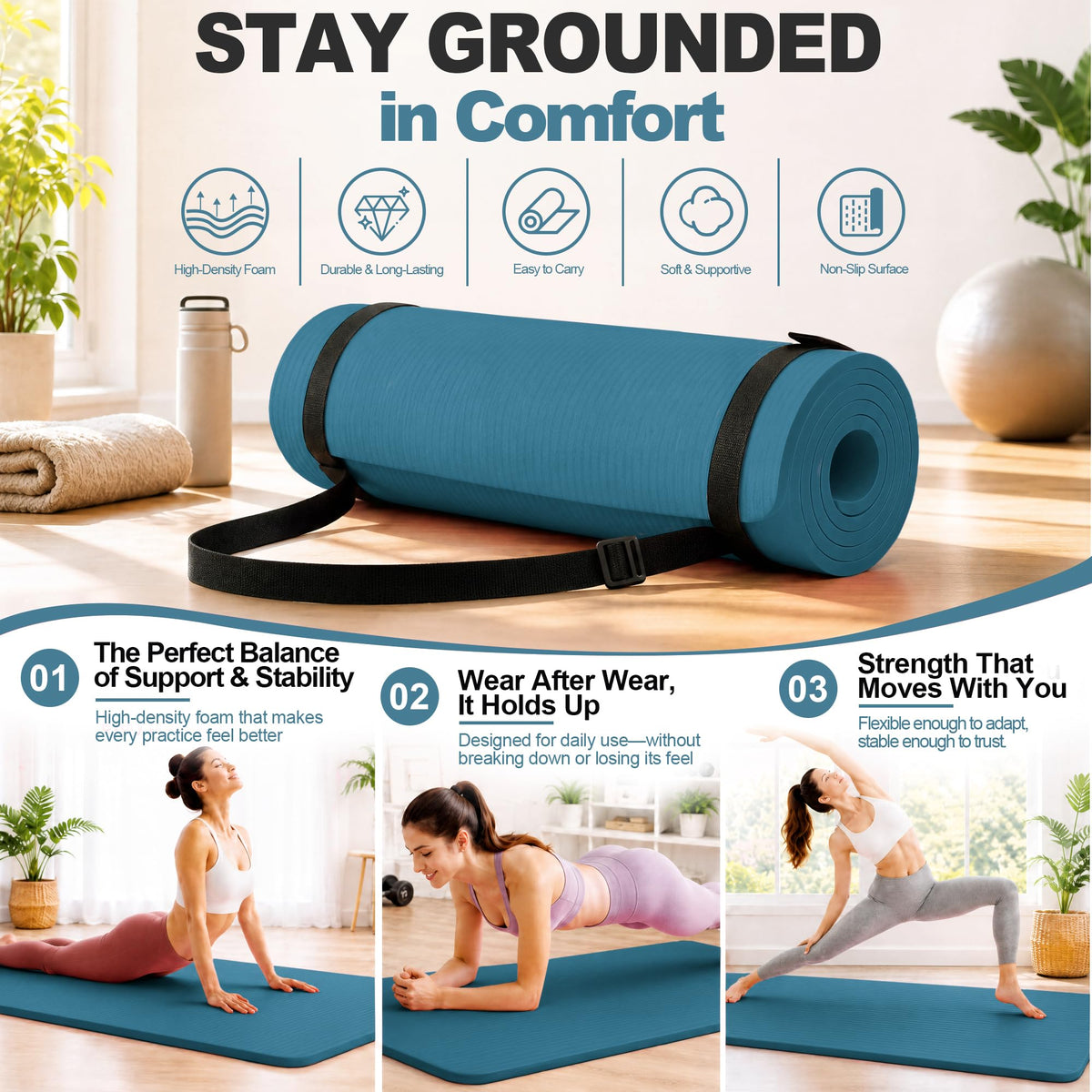 1" Extra Thick Yoga Mat (Navy Blue / 71"L x 24"W x 1"Th)