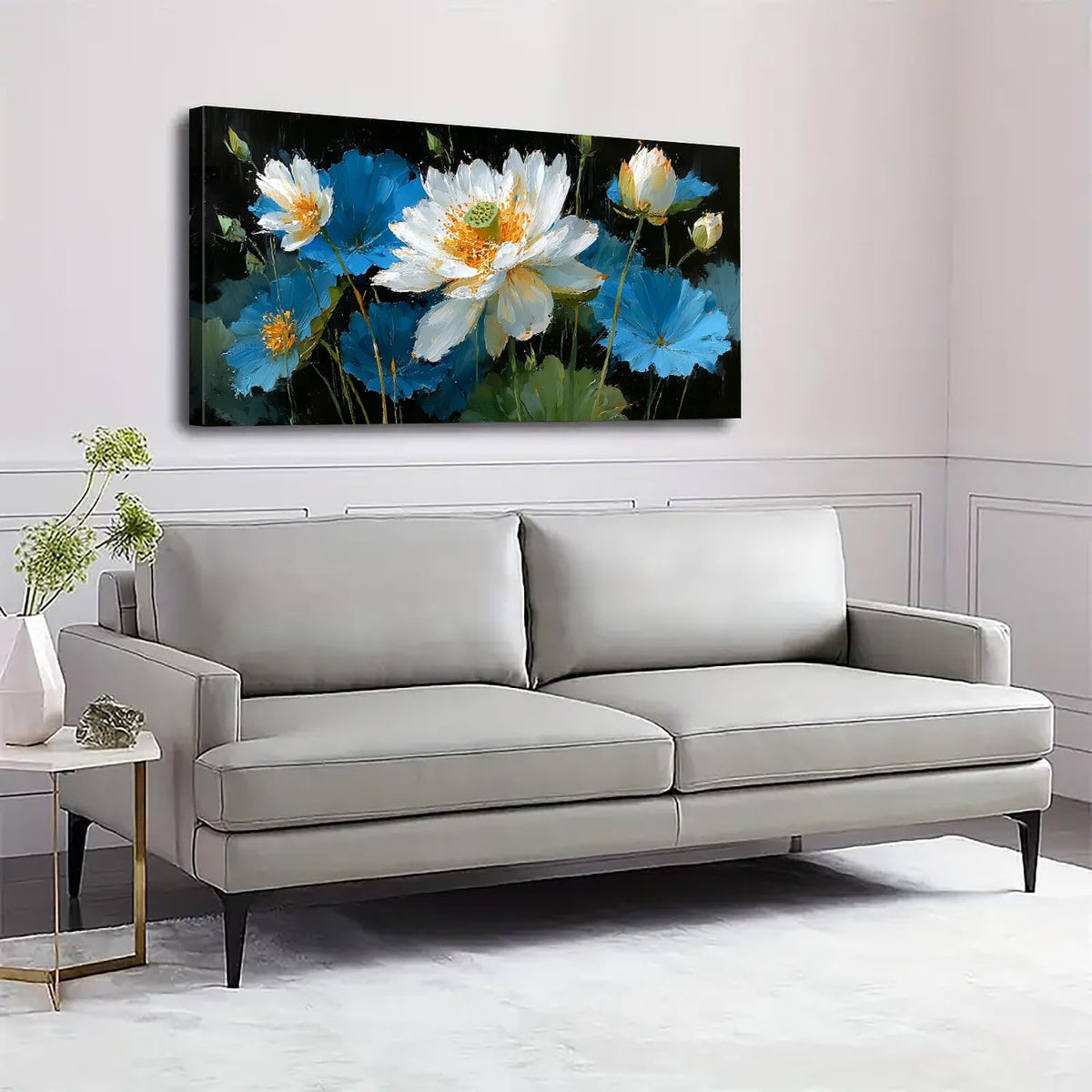 Blue White Lotus Flower Wall Art Canvas Picture for Living Room Water Lily Zen Painting Vintage Abstract Black and White Prints Artwork Poster Meditation Spa Wall Decor Home Bedroom Decorations 20x40” (40"L x 20"W / Blue Lotus)