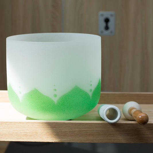 10" White Lotus Design F Note 432 hz Heart Chakra Quartz Crystal Singing Bowl with Heavy Duty Carrying Case Suede Striker (F Note 432HZ, 10" Green Lotus)