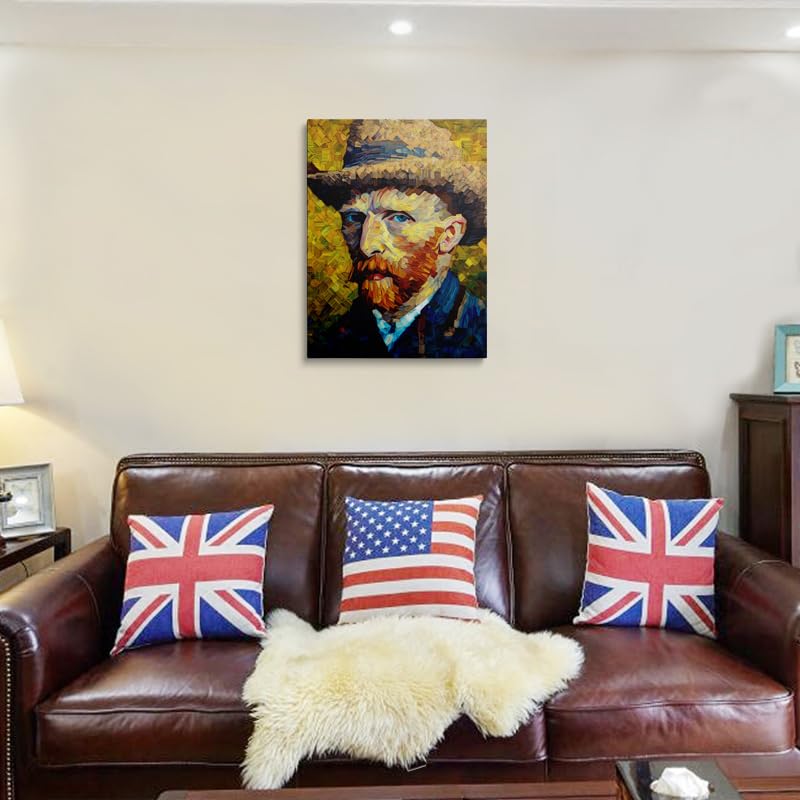 Abstract Van Gogh Portrait Canvas Wall Art Framed Painting Modern Cubist Style Vincent with Straw Hat Geometric Brushstrokes in Vibrant Colors Orange Blue Gallery Wall Decor Artwork 16x24 Inches (van gogh / 24"L x 16"W)
