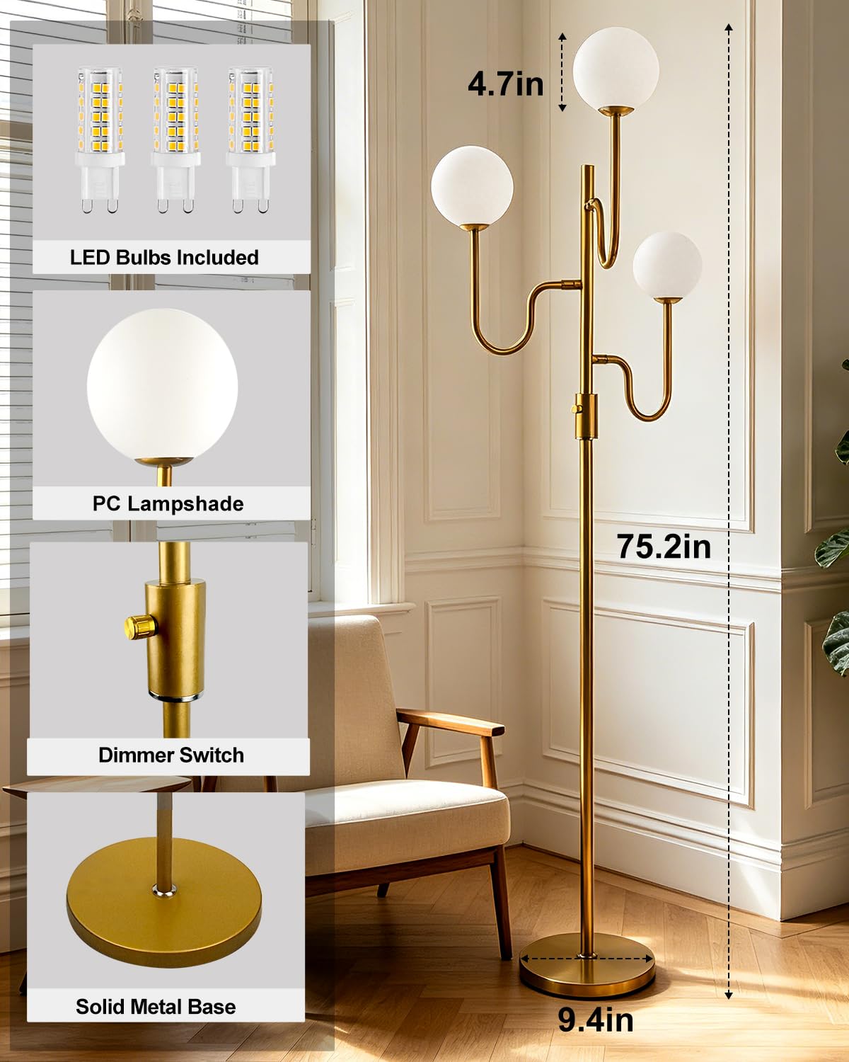 68IN Globe Gold Floor Lamp Dimmable Floor Lamps with 3000K Soft Warm White for Wedding (3 Globe-Gold Arm)