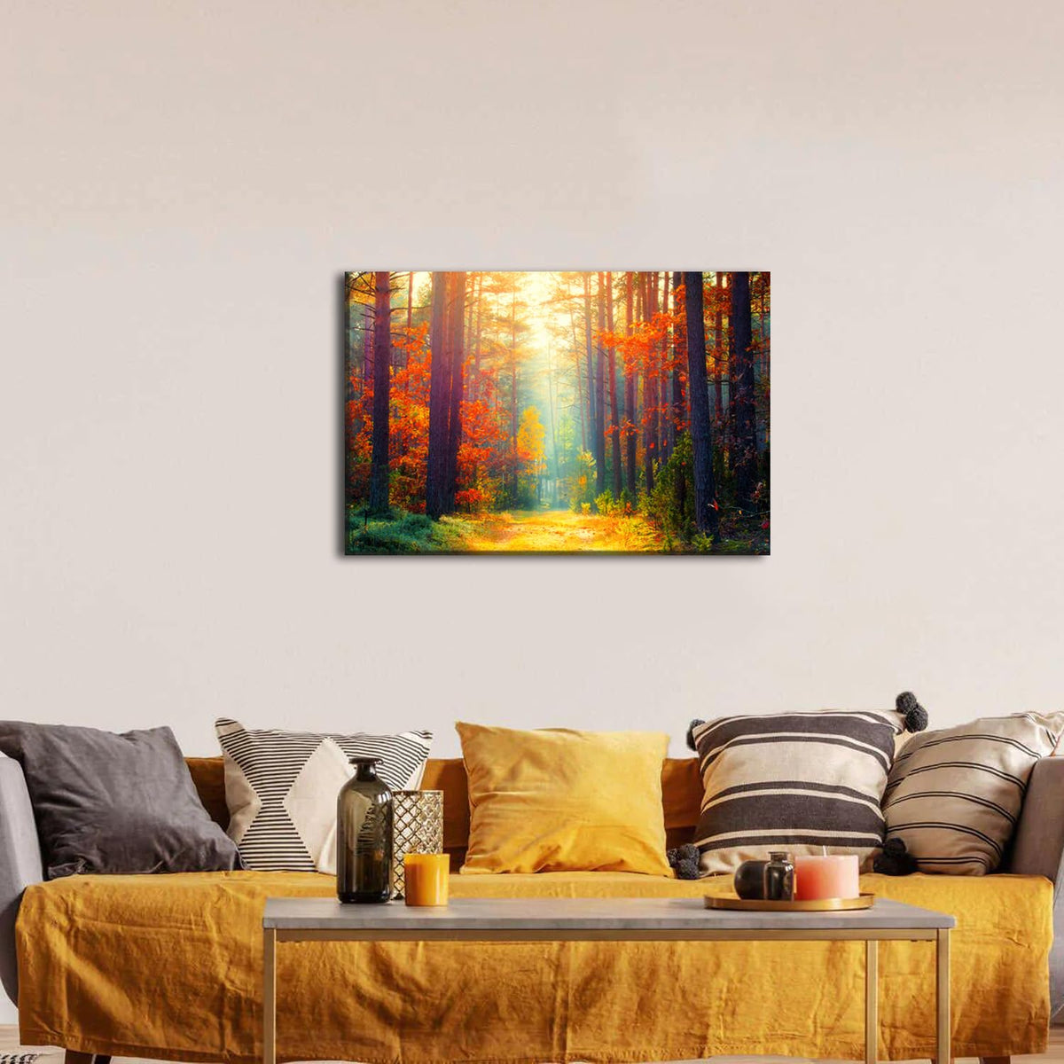 Fall Forest Wall Art Orange Maple Leaves Wall Decoration for Living Room Bedroom Autumn Landscape Pictures Nature Scenery Canvas Print Sun Light Through Forest Trees Painting Artwork Home Decor 20x30” (30"L x 20"W / Fall Forest)