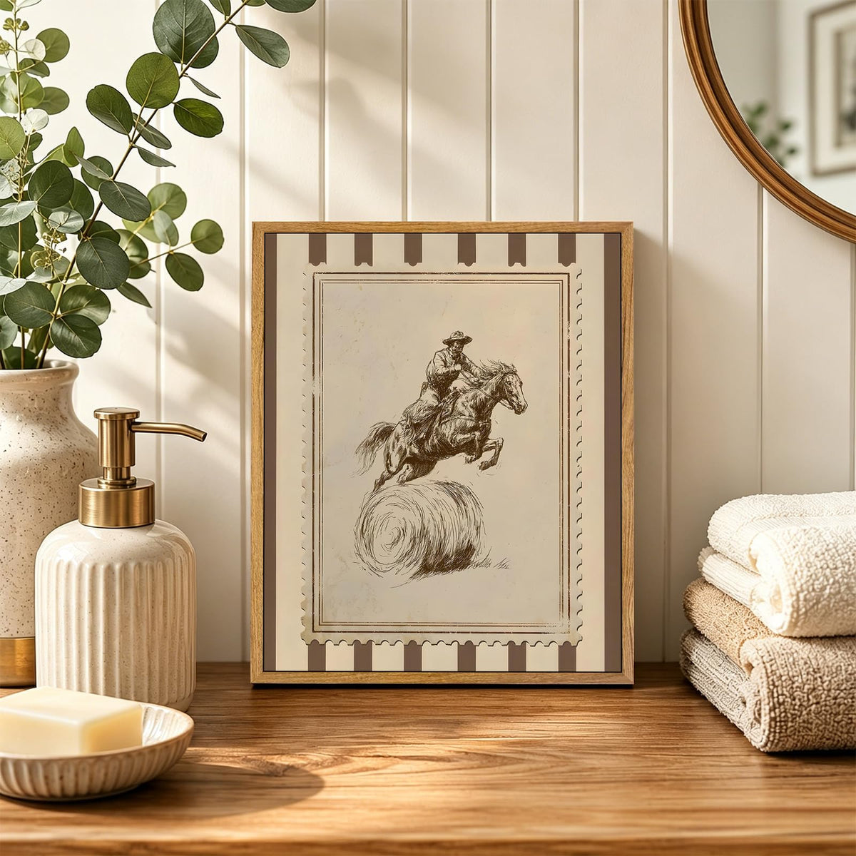 Framed Vintage Western Bathroom Wall Art (Cowboy on horseback / 8"L x 10"W)