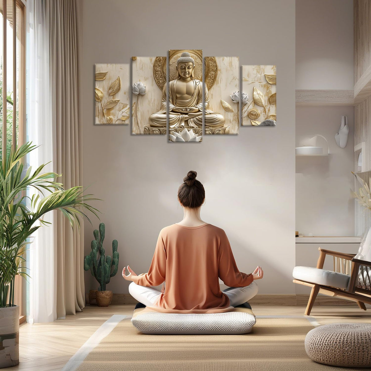 Buddha Canvas Wall Art 5 Piece Zen Wall Decor Buddhism Meditation Picture Flower Leaf Prints for Spiritual Room Living Room Home Decor Framed (50x24 inch / Picture-2)