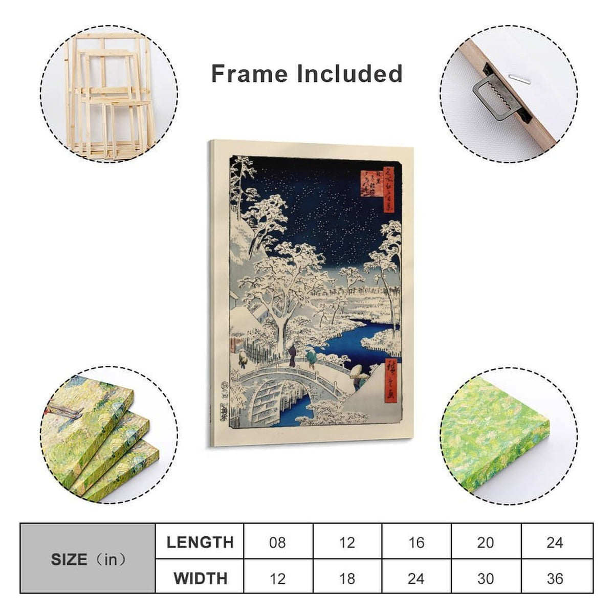 Hiroshige Ukiyo E Meguro Drum Bridge Canvas Printing Wall Art Japanese Winter Snow Starry Night Landscape Prints Wall Decor Posters for Living Room Bedroom Office Decor 24x36inch (style-12 / 24x36inch(60x90cm) Frame)