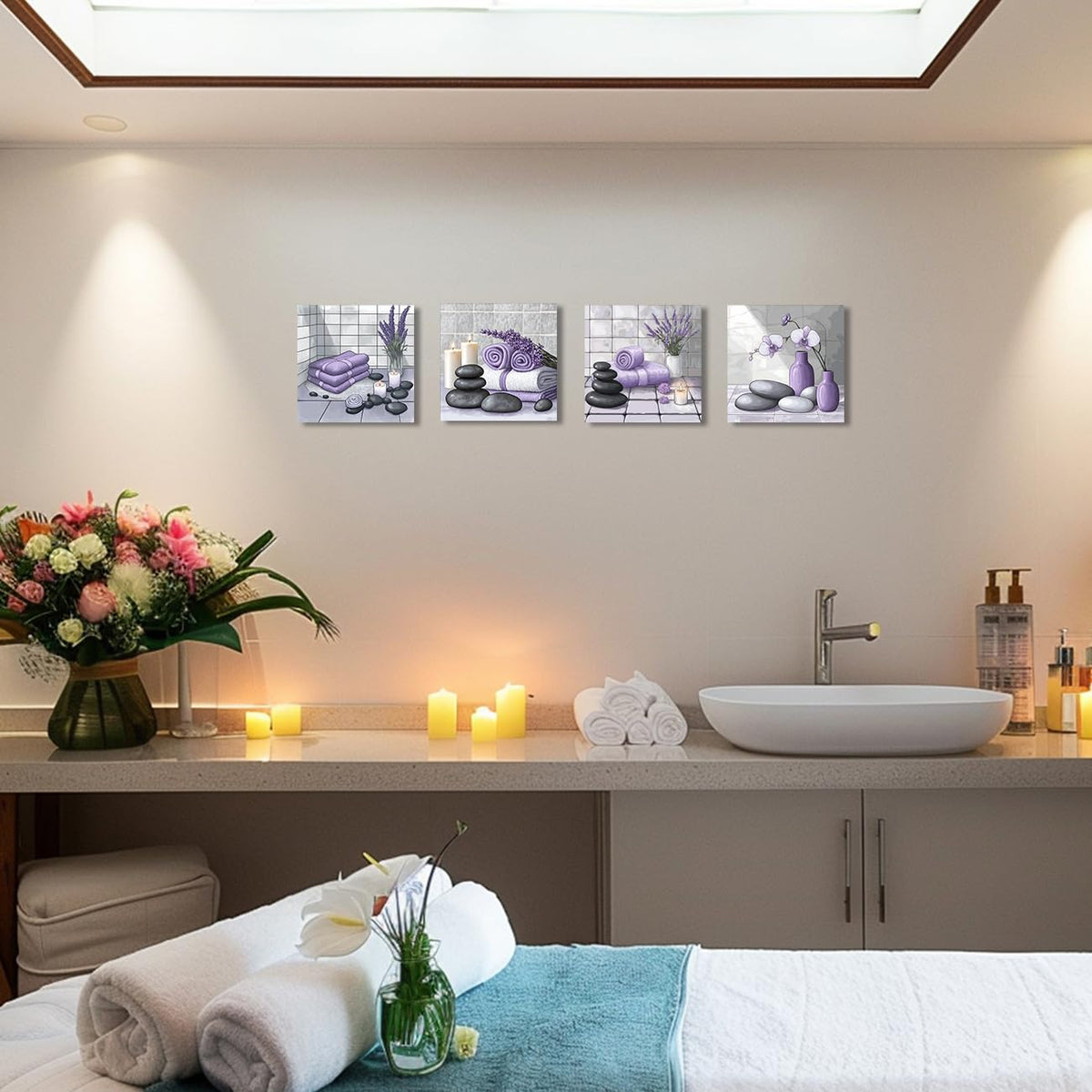 Zen Wall Art for Bathroom Decor Zen Stone & Orchid Still Life Pictures Bath Canvas Prints Zen Meditation Room Spa Wall Decor (20.00" x 20.00" x 4 / Purple)