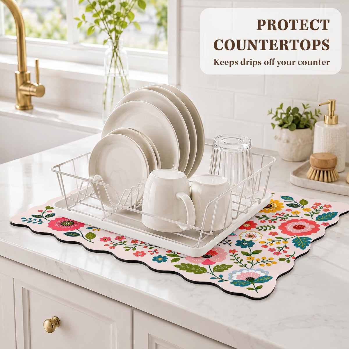 Scalloped Dish Drying Mat 2 (Floral Butterfly Flower / 12x19 inch)