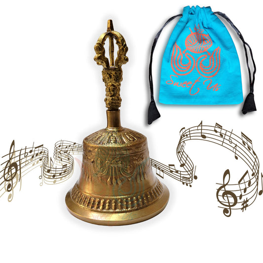 Solid Sturdy Antique Brass Hand Bell and Pouch (5.75-in High / Antique Brass, Engraved)