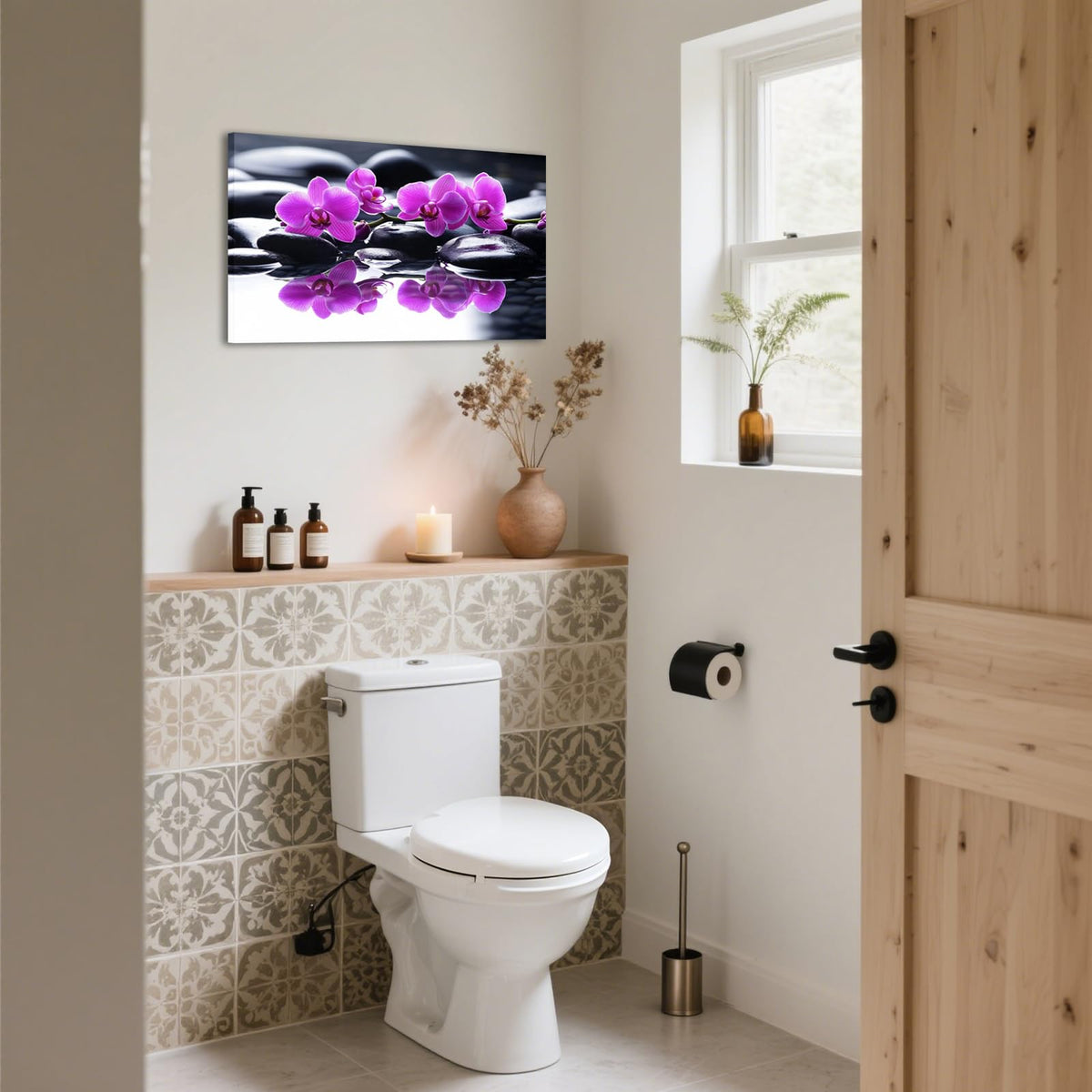 Purple Orchid Zen Canvas Wall Art Black Stone in Water Painting Framed Artwork Poster for Yoga Meditation Room Spa Bathroom Decor (WE000050-10 / 30"L x 20"W)
