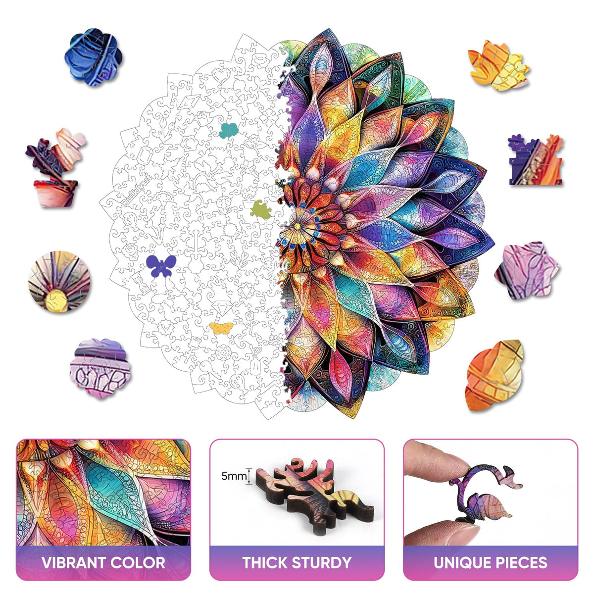 Colorful Crystal Flower Wooden Jigsaw Puzzles for Adults Puzzles 500Pcs Unique Irregular Shape Cut Puzzles for Family and Couples on Birthday (Crystal Flower / 500 pieces)