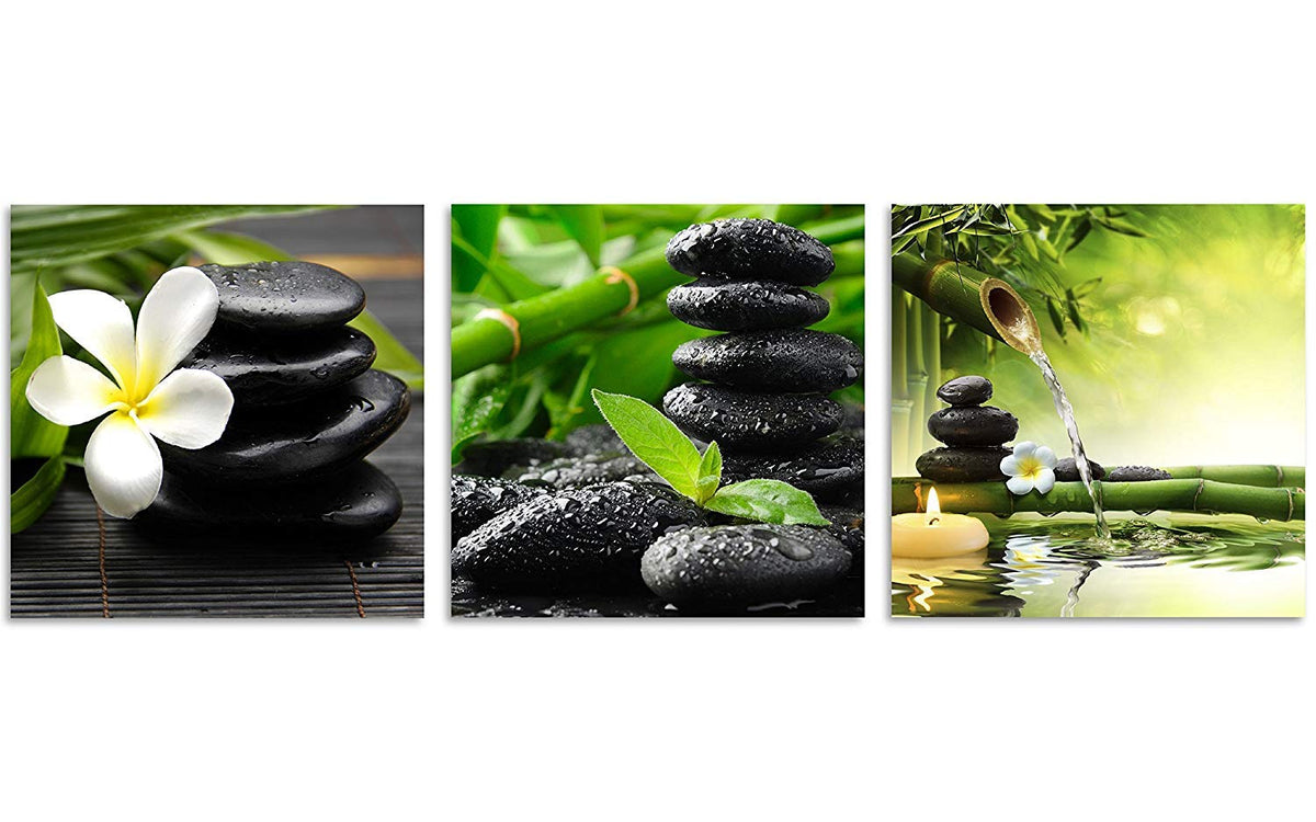3 Panel Zen Canvas Wall Art Still Life SPA Stone Green Bamboo White Frangipani Flower Pictures Prints on Canvas for Home Office Kitchen Wall Decor Stretched and Framed Each Panel 12x12inch (12x12inchx3 / Still Life Spa Stone)