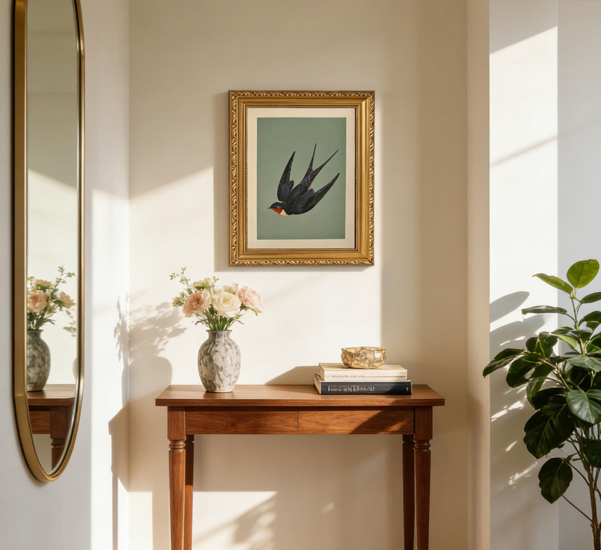 Vintage Gold Framed Swallow Wall Art (Retro Swallow Framed / 24"Lx16"W)