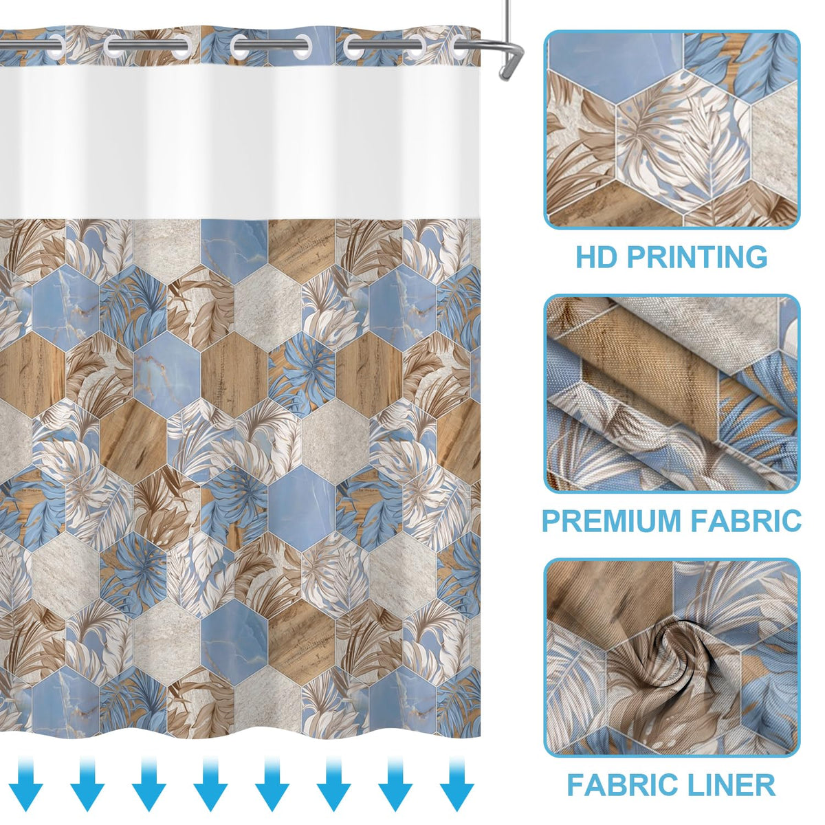 No Hook Shower Curtain and Liner Set Modern Geometric Shapes Shower Curtain with Plants Vintage Rustic Wooden Bathroom Hotel Decor with Removable Snap Washable Fabric 71x74 Inch (Multi Color)