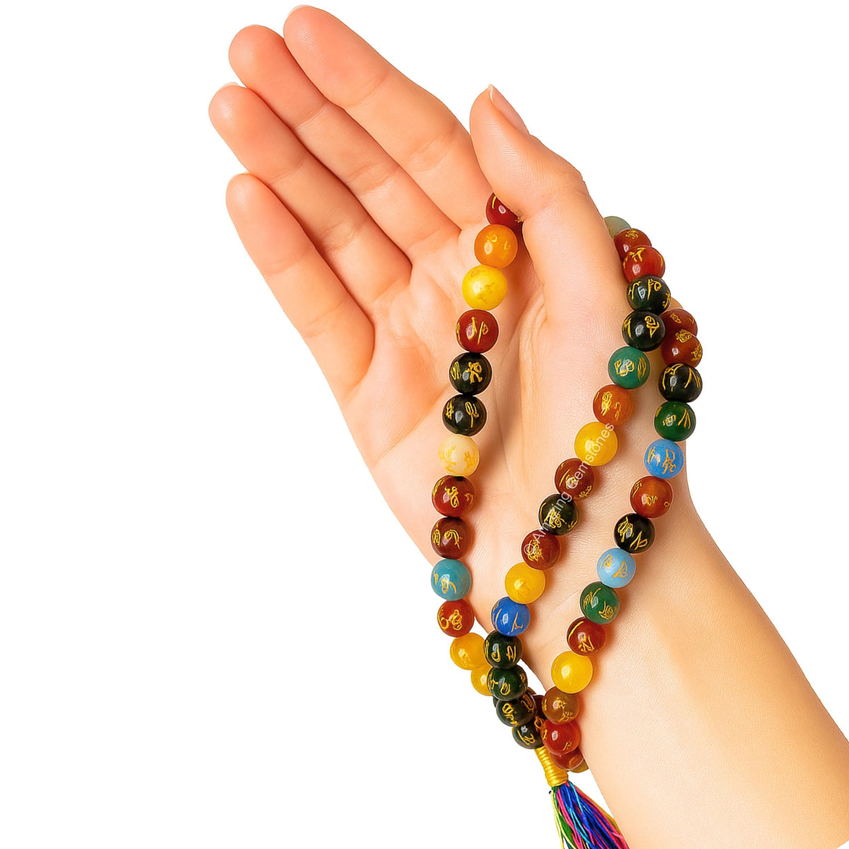 Multi Padme Hum Buddhist Prayer Beads Japa Mala with 108 Meditation Beads (Without Knots / Multi (Padme Hum))