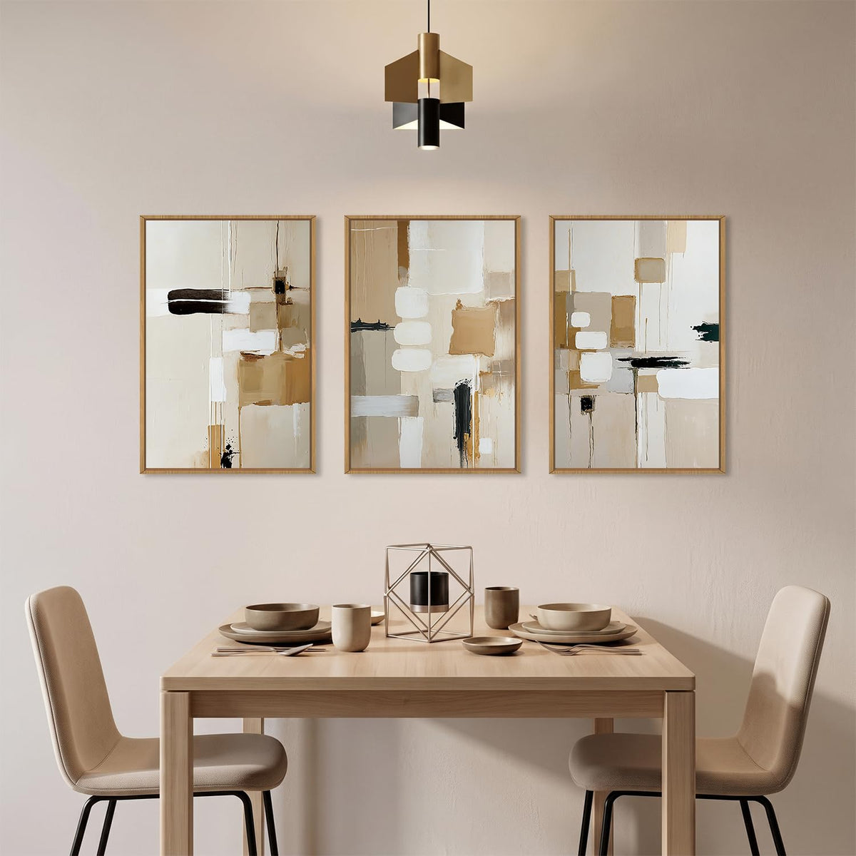 Large Abstract Beige Framed Canvas Wall Art Set (Beige Abstract Wall Art / 24"L x 36"W)