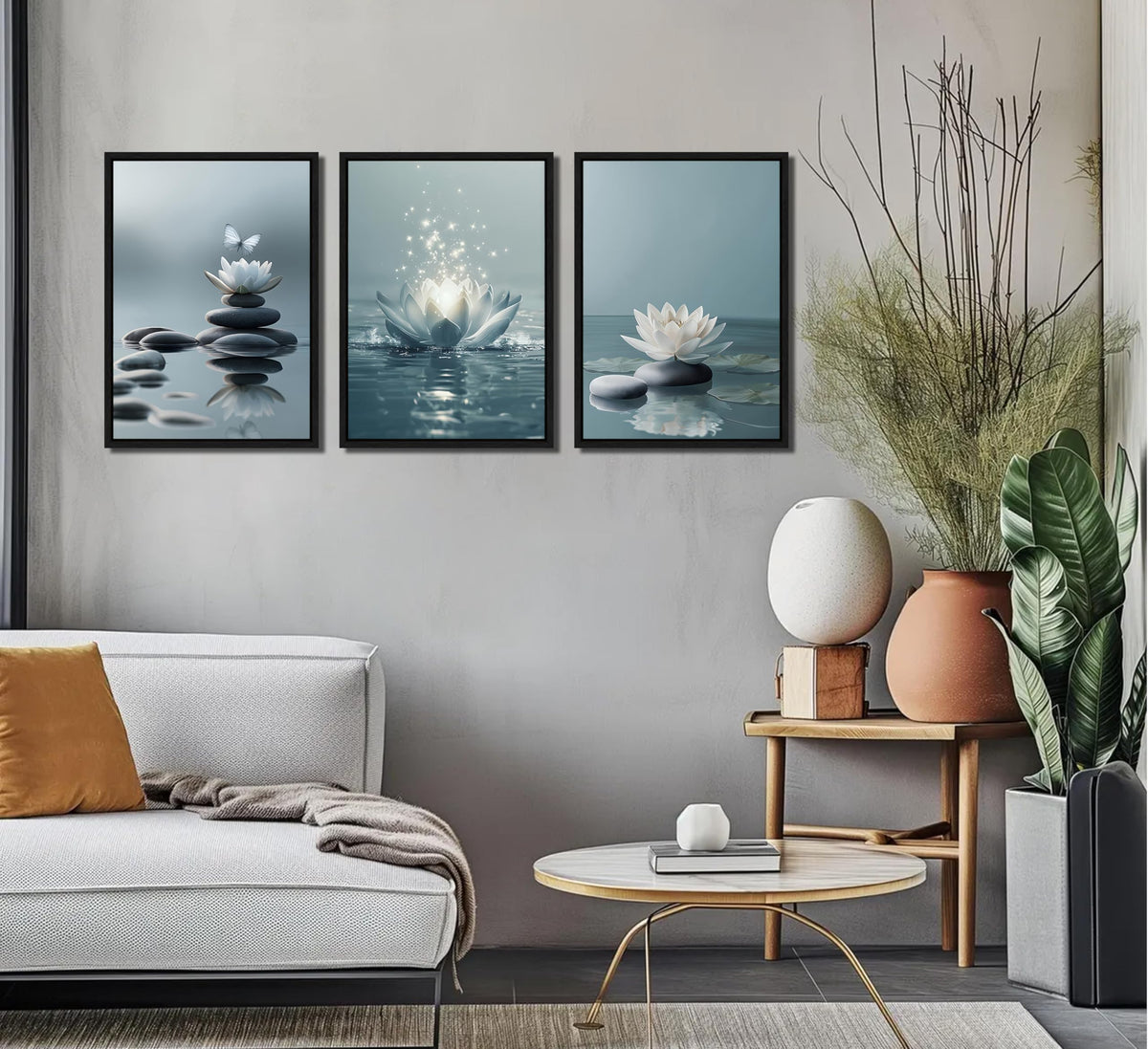 3Pcs Framed Zen Stones Lotus Spa Canvas Wall Art White Lotus Blooming on Stones Painting Picture Wall Decor Modern Spiritual Poster Print Artwork for Yoga Spa Meditation Spiritual Room Home Decoration (Framed / 16L" x 12W")