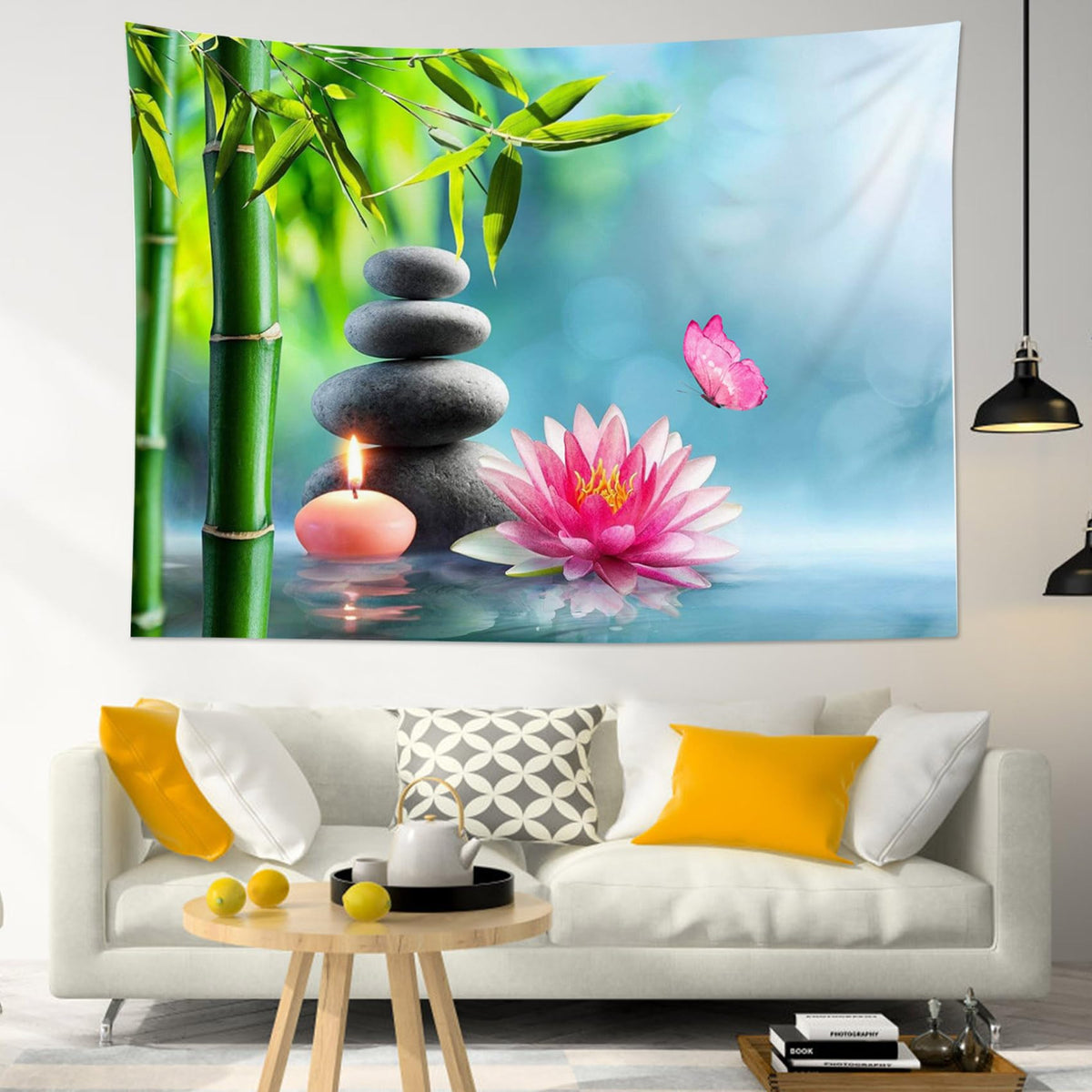 Zen Pink Floral Tapestry Wall Hanging Pink Water Lily Butterfly and Green Bamboo Tapestry Modern Yoga Spa Flower Plant Wall Art for Bedroom Living Room Dorm Home Decor (40"L x 60"W / Green)
