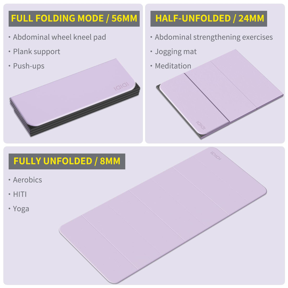 Foldable Yoga Mat Extra Large 74"×31.5" (Light Purple+Black)