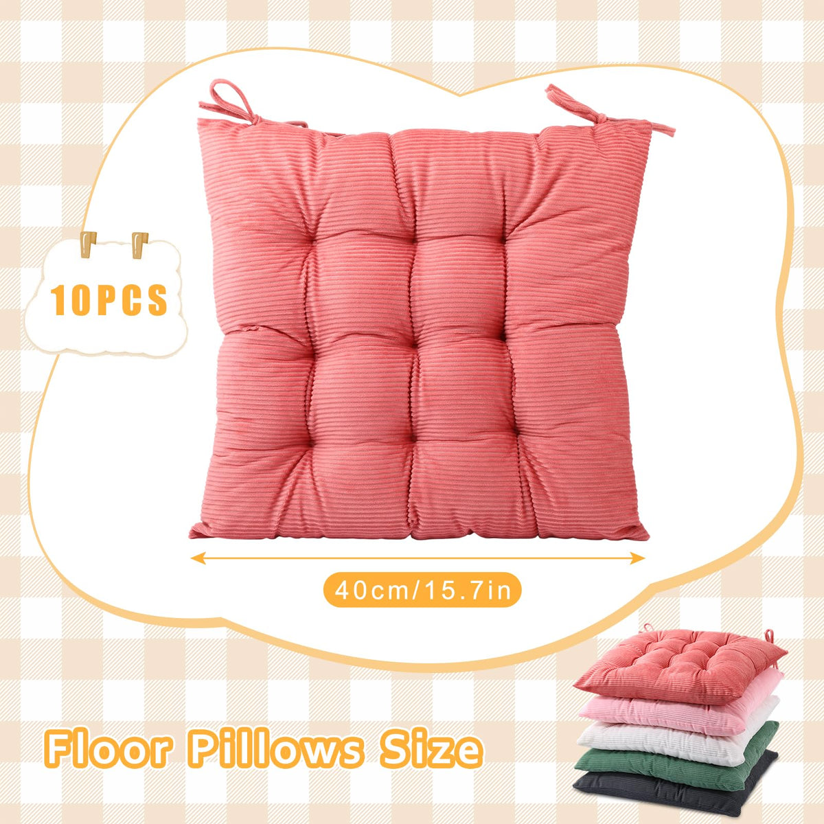 10 Pcs Corduroy Chair Cushion with Ties Square Floor (Colorful)