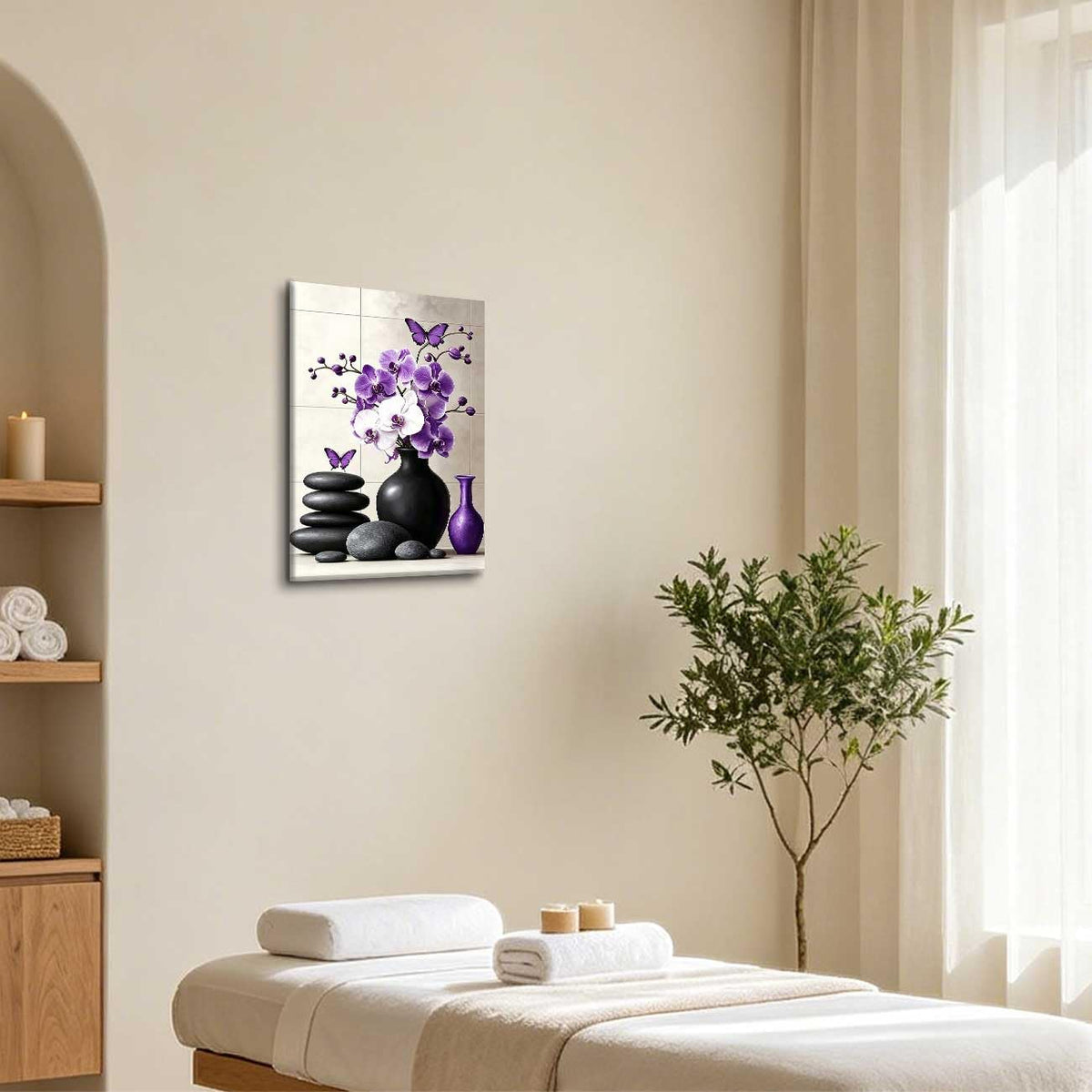 Orchid Flower Canvas Wall Art Zen Bathroom Pictures Prints Spa Stone Butterfly Wall Decor Black White Yoga Meditation Paintings for Living Room Bedroom (Purple / 42"L x 28"W)