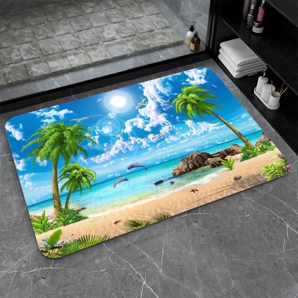 Bath Mat Bathroom Rug (Summer Coconut Beach Dolphins- / 17 x 27.5 inches)