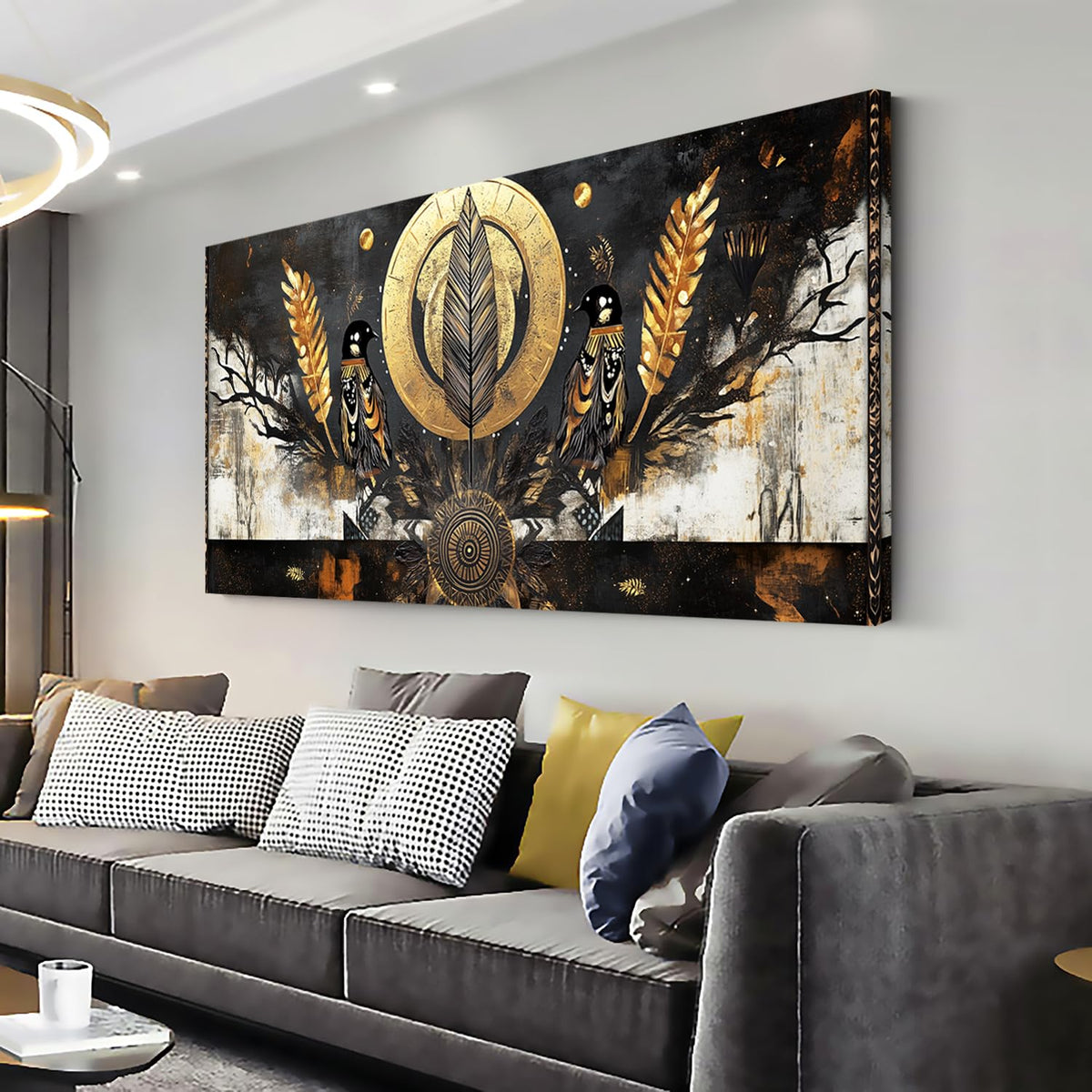 Gold Black Two Symmetrically Ravens Wall Art for Living Room Office Mystical Symbolic African Tribal Painting Prints Abstract Canvas Artwork Dining Bedroom Decor Extra Large (Abstract / Gold Black Two Ravens Wall Art / 58"L x 28"W)