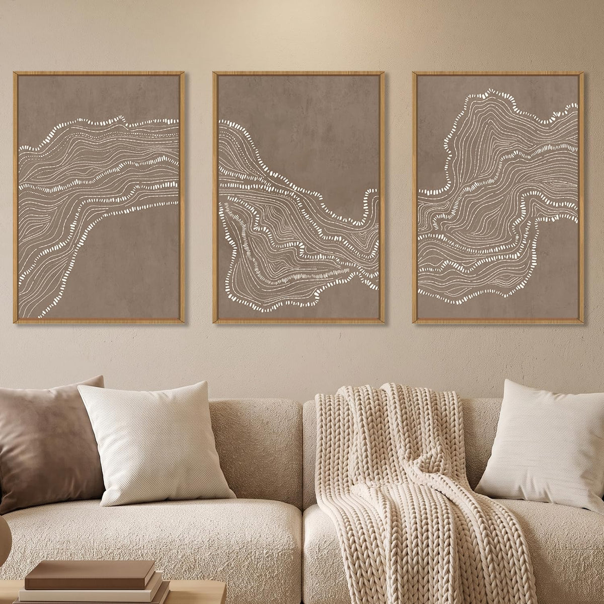 Abstract Neutral Wave Line Framed Canvas Wall Art Set (Abstract Line Wall Art / 24"L x 36"W)