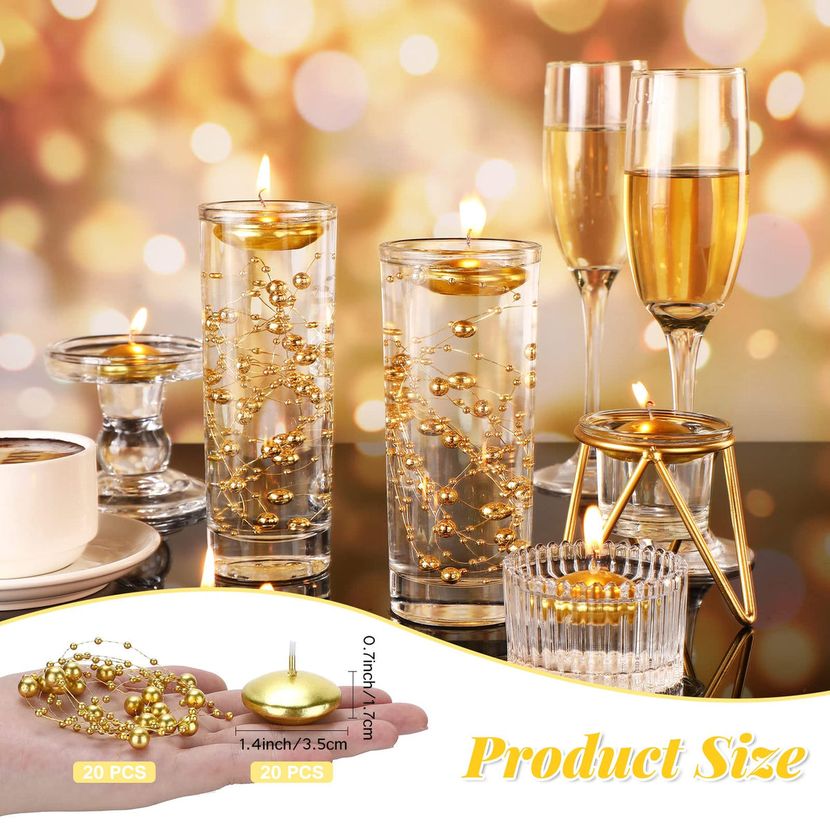 40 Pcs Gold Floating Candles and Pearl String Centerpiece Set (Gold)