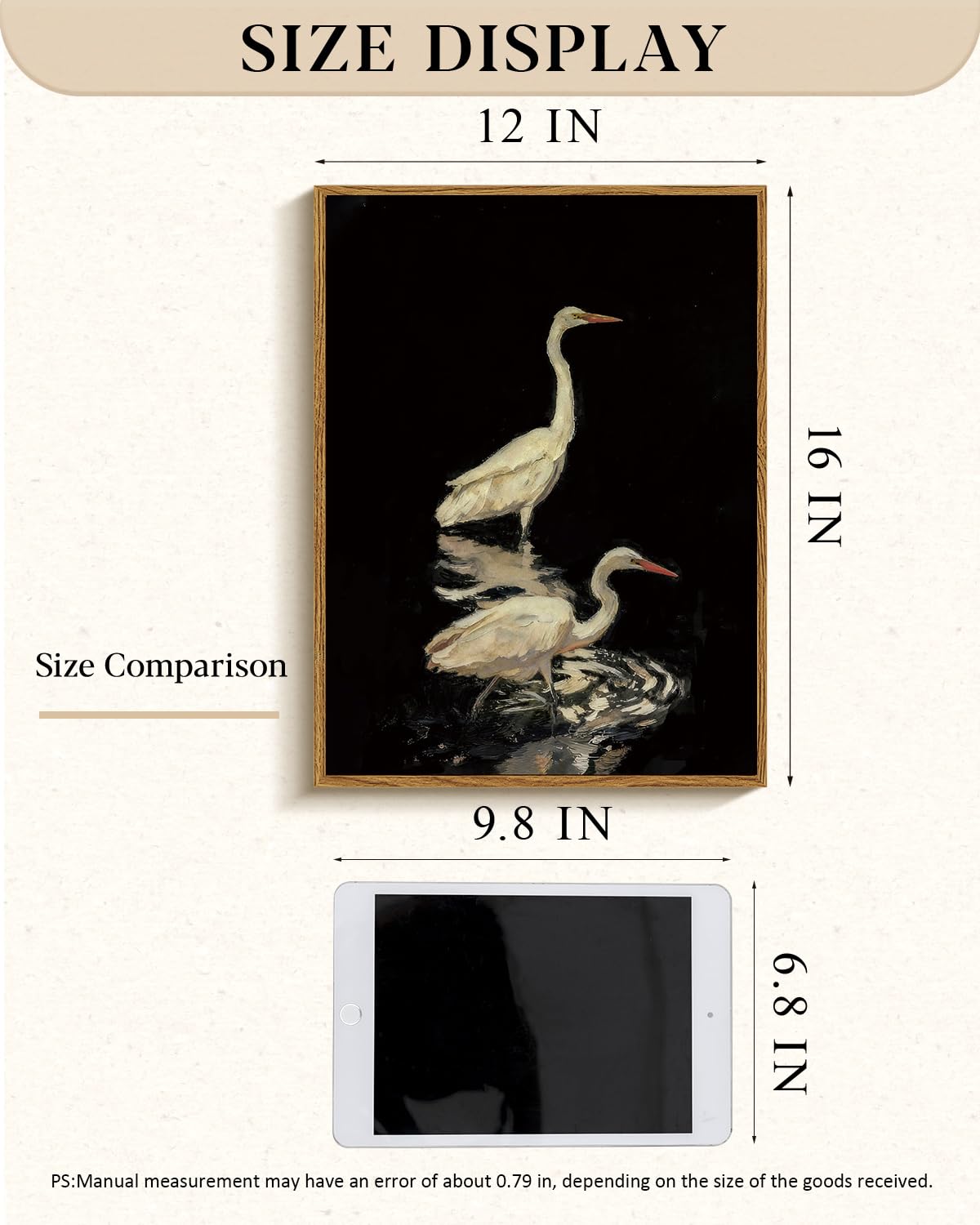Elegant Heron Crane Wall Art Framed 12''x16'' Canvas Print (Two Cranes in Water / 16"L x 12"W)