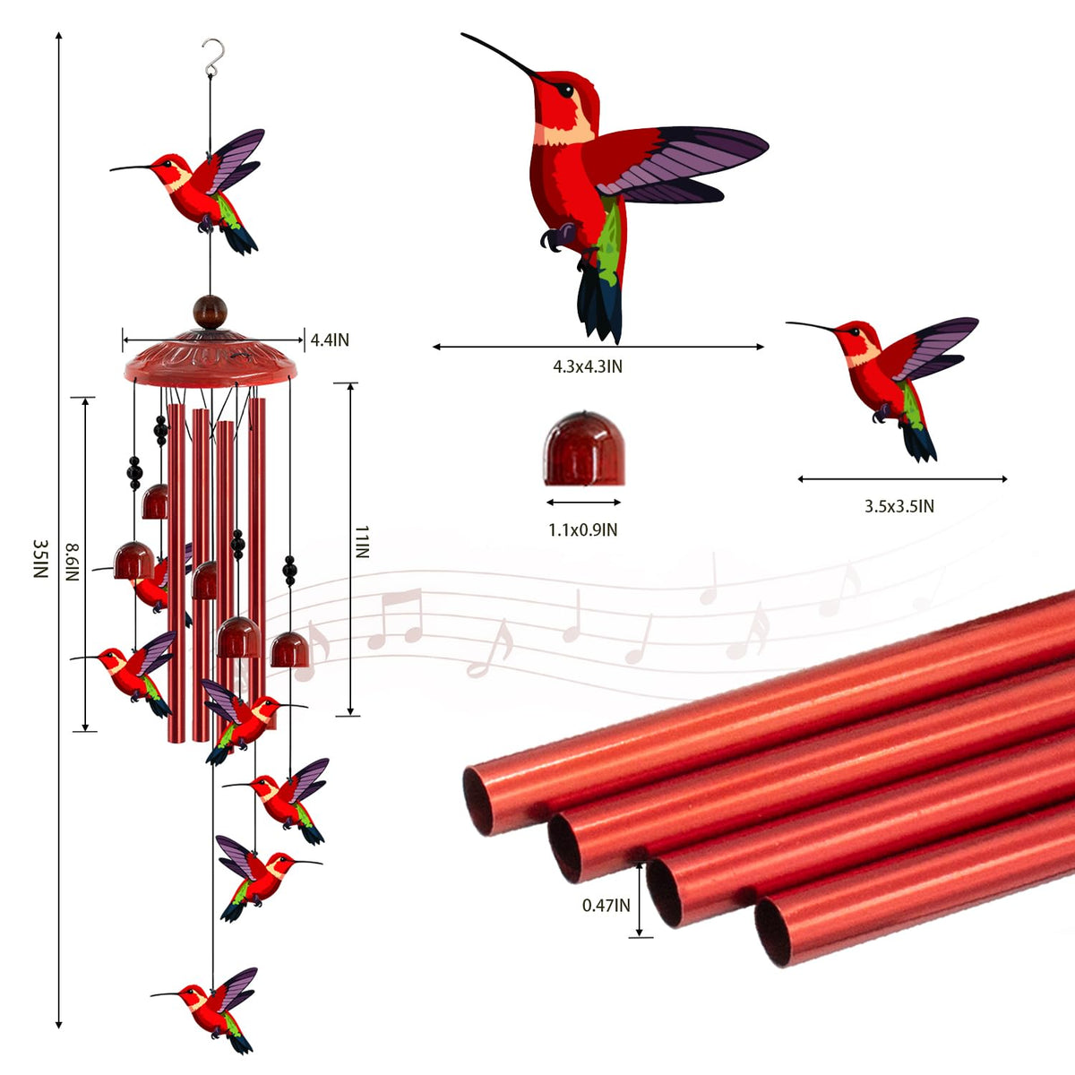 Hummingbird Wind Chimes for Outside (35"Red hummingbird)