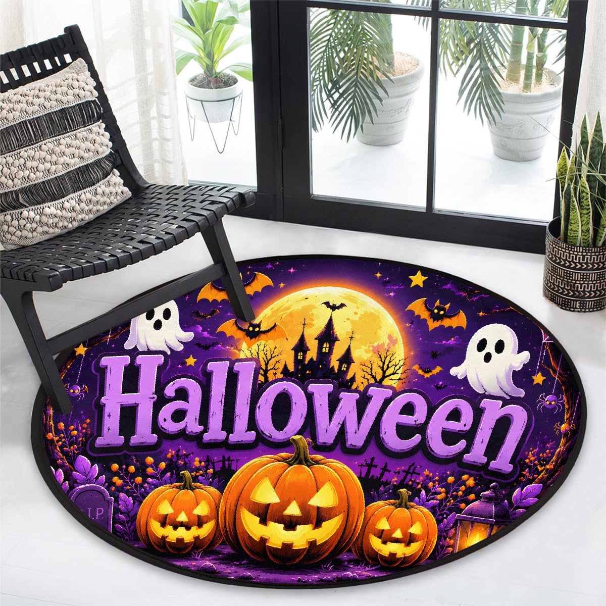 5 Ft Halloween Round Rug Circle Area Rugs Circular Door Mat for Indoor (B:c-22 / 5'3" (Round))