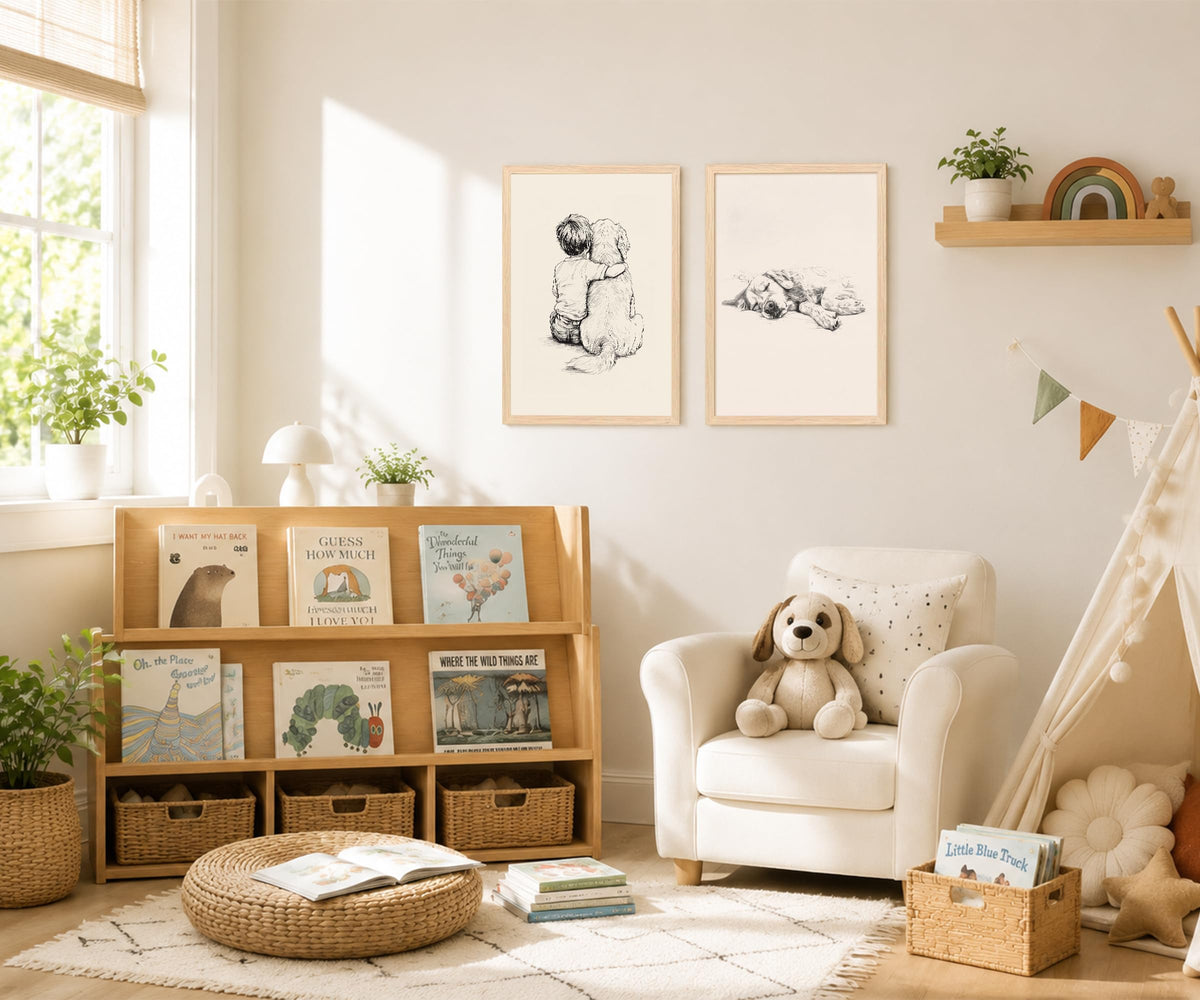 Boy and Dog Wall Art Set of 2 Framed (boydog / 12"L x 16"W)