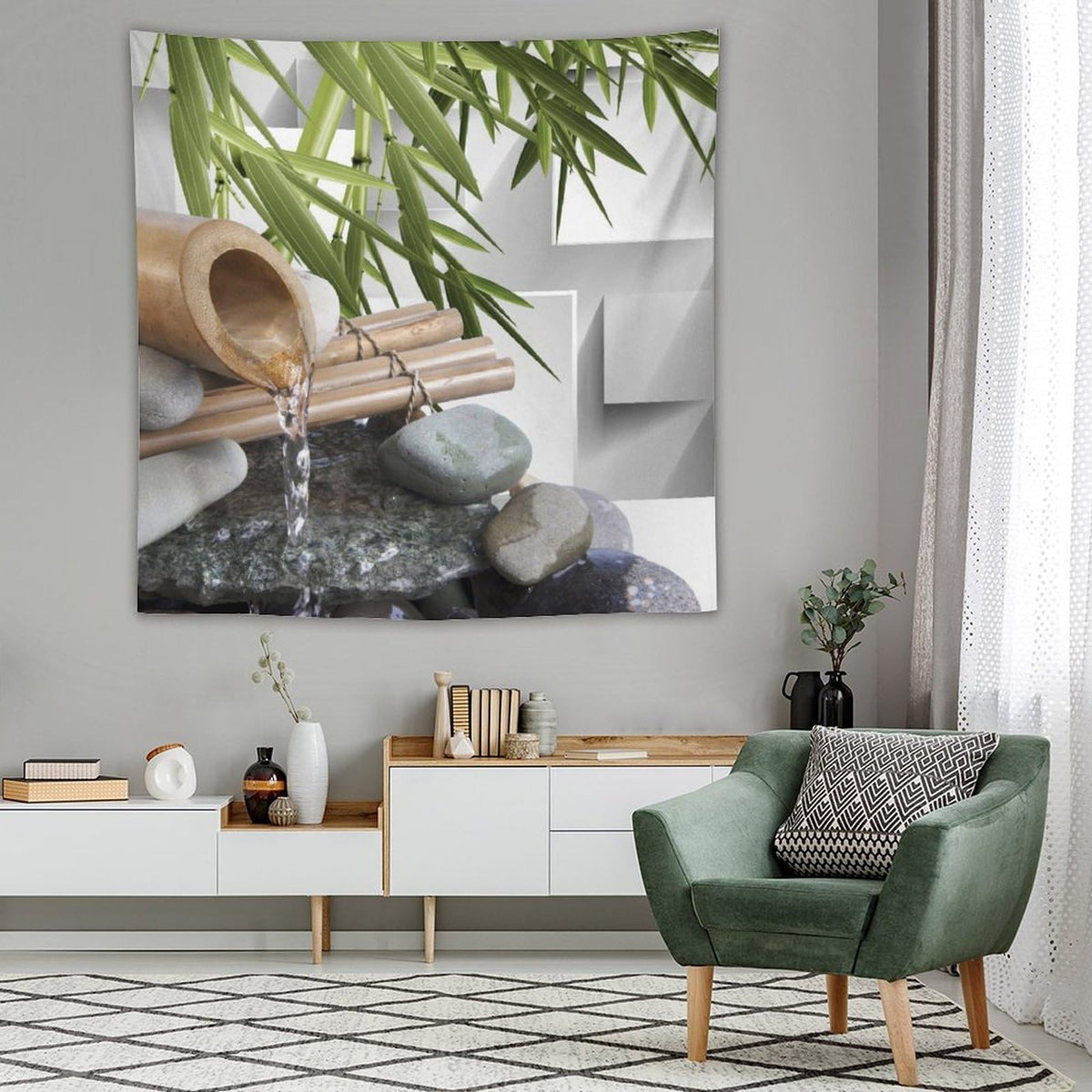 Japanese Bamboo Tapestry Wall Hanging Asian Spa Zen Stone Modern Tapestries Home Decor for Living Room Bedroom Farmhouse Kitchen Dorm 60"x60" (60"L x 60"W / Zen)
