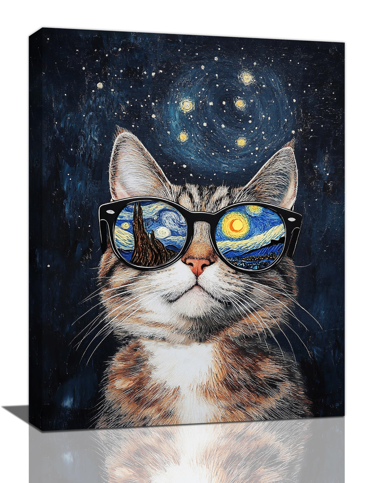 Funny Cat Wall Art Cute Cat Bathroom Canvas Wall Decor Starry Night Glasses Pictures Paintings Prints Artwork Framed Decorations For Bedroom Living Room Gifts 12" x 16" (Vangogh Cat / 16"L x 12"W)