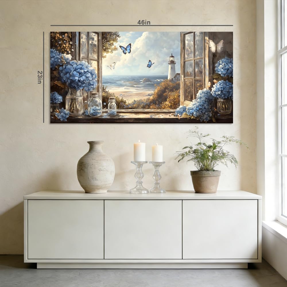 Coastal Open Window Butterflies Ocean View Canvas Wall Art Blue Hydrangea Print Rustic Lighthouse Beach Landscape Painting Gallery Wrapped Artwork for Living Room Bedroom Bathroom Decor (Mysterious / White Lighthouse Sea 5 / 40"L x 20"W)
