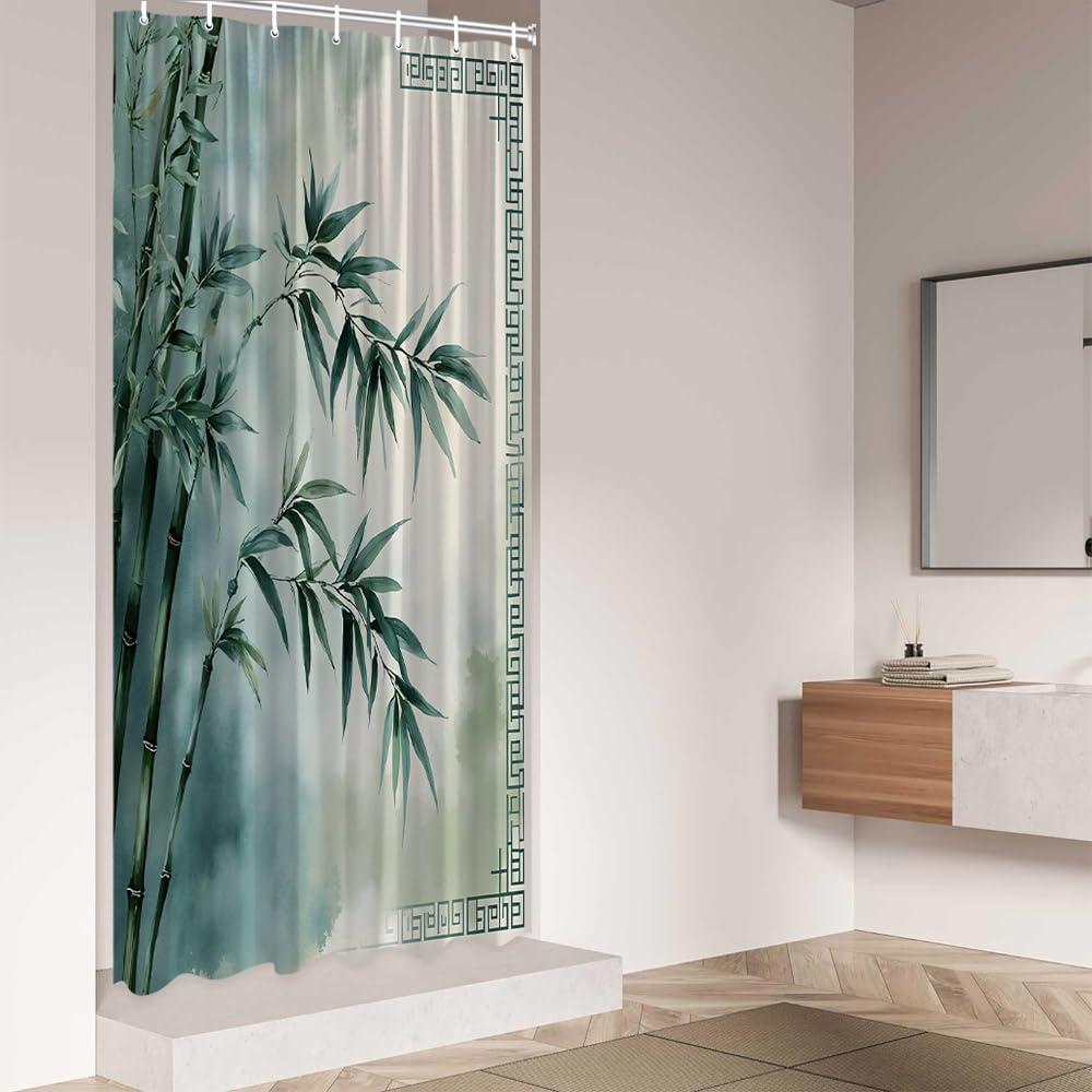 Bamboo Shower Curtain Vintage Green Bamboo Forest Leaves Traditional Retro Rustic Wild Nature Plant Asian Japanese Zen Relaxing Bathroom Decor Polyester Fabric Curtains with Hook 47Wx63H Inches (Green / 47"W x 63"L (Pack of 1))